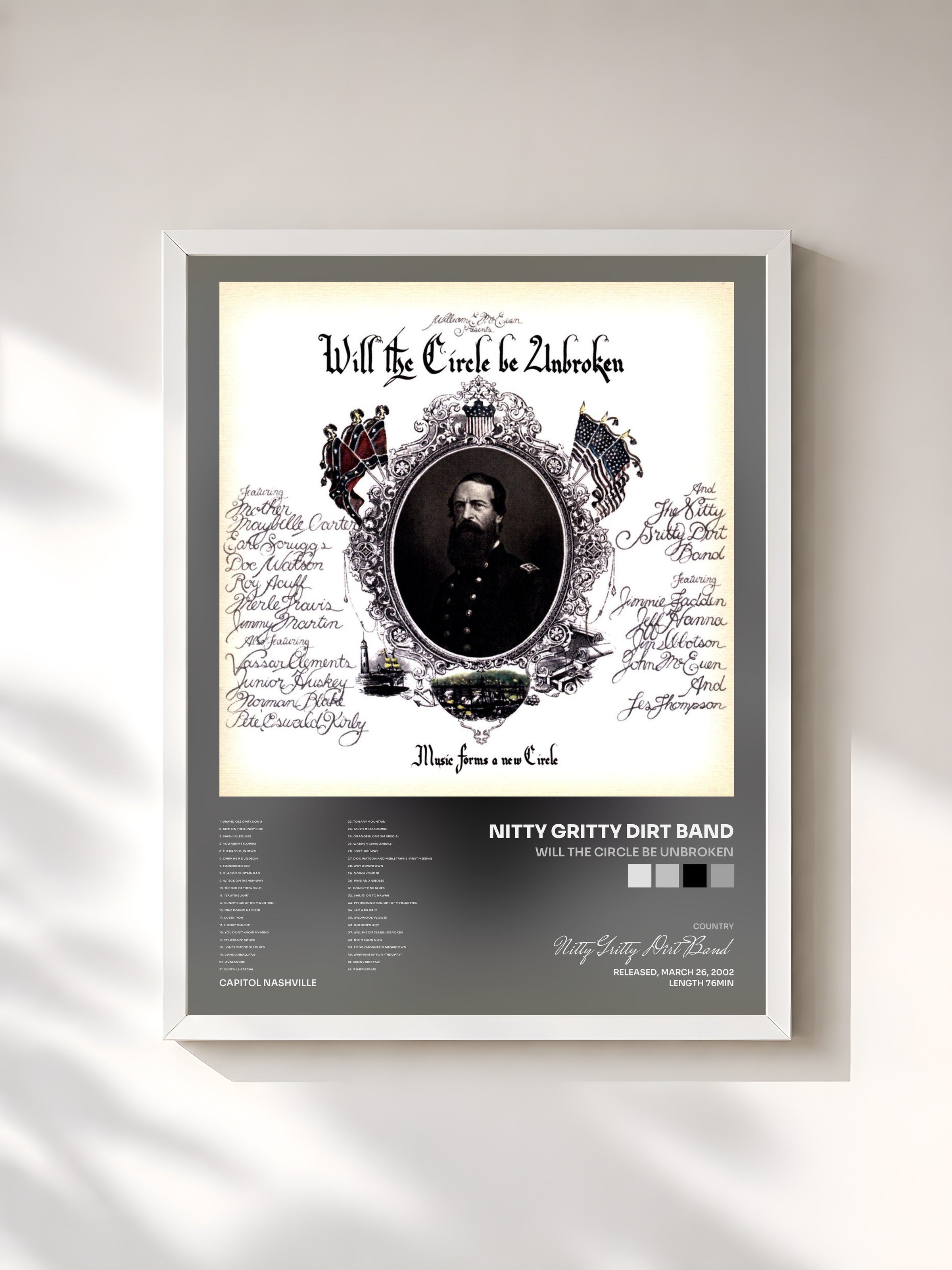 #blanc Tableau de l'album Will The Circle Be Unbroken de Nitty Gritty Dirt Band, cadre blanc, imprimé et encadré en France