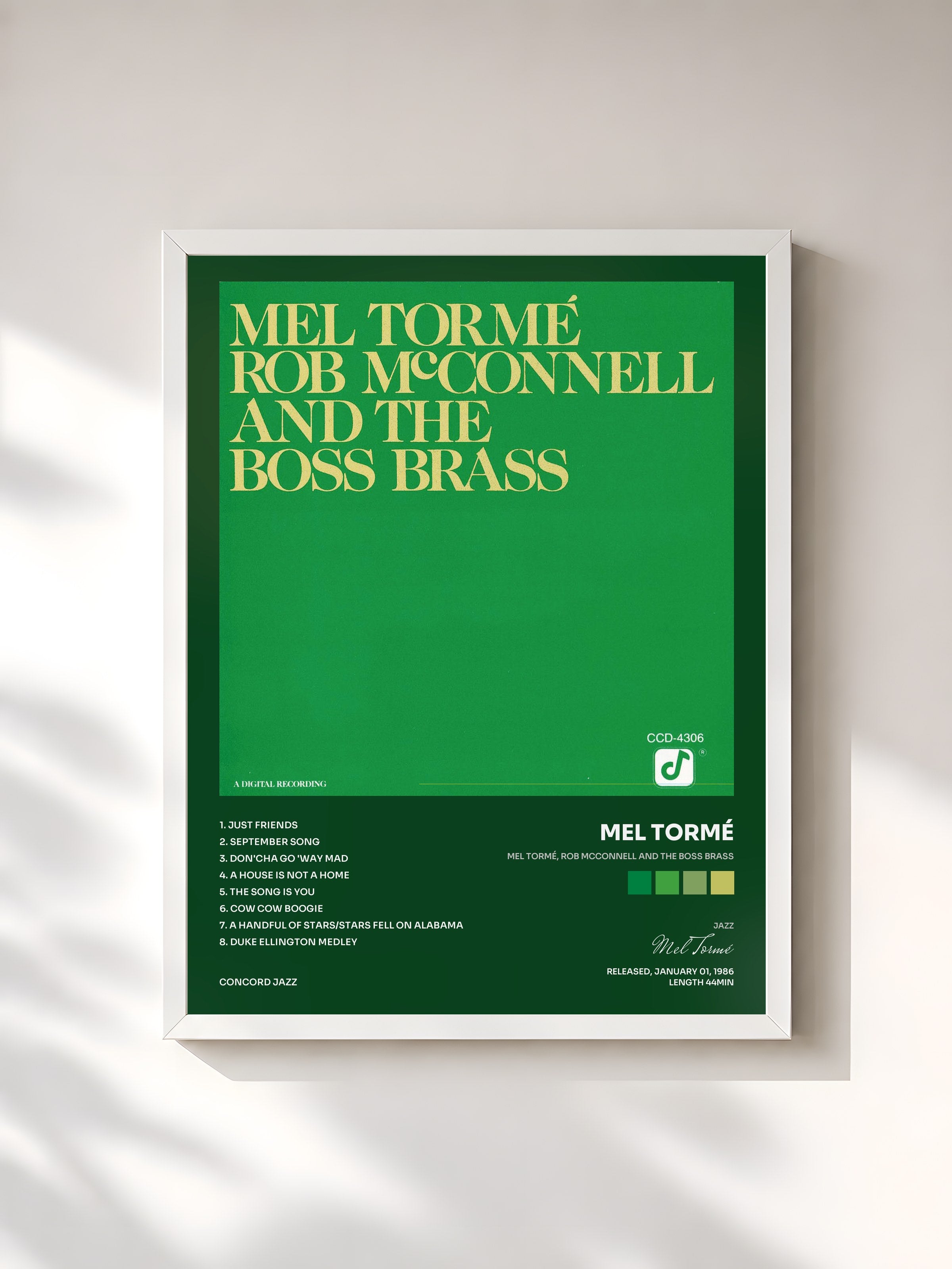 #blanc Tableau de l'album Mel Tormé, Rob McConnell And The Boss Brass de Mel Tormé, cadre blanc, imprimé et encadré en France