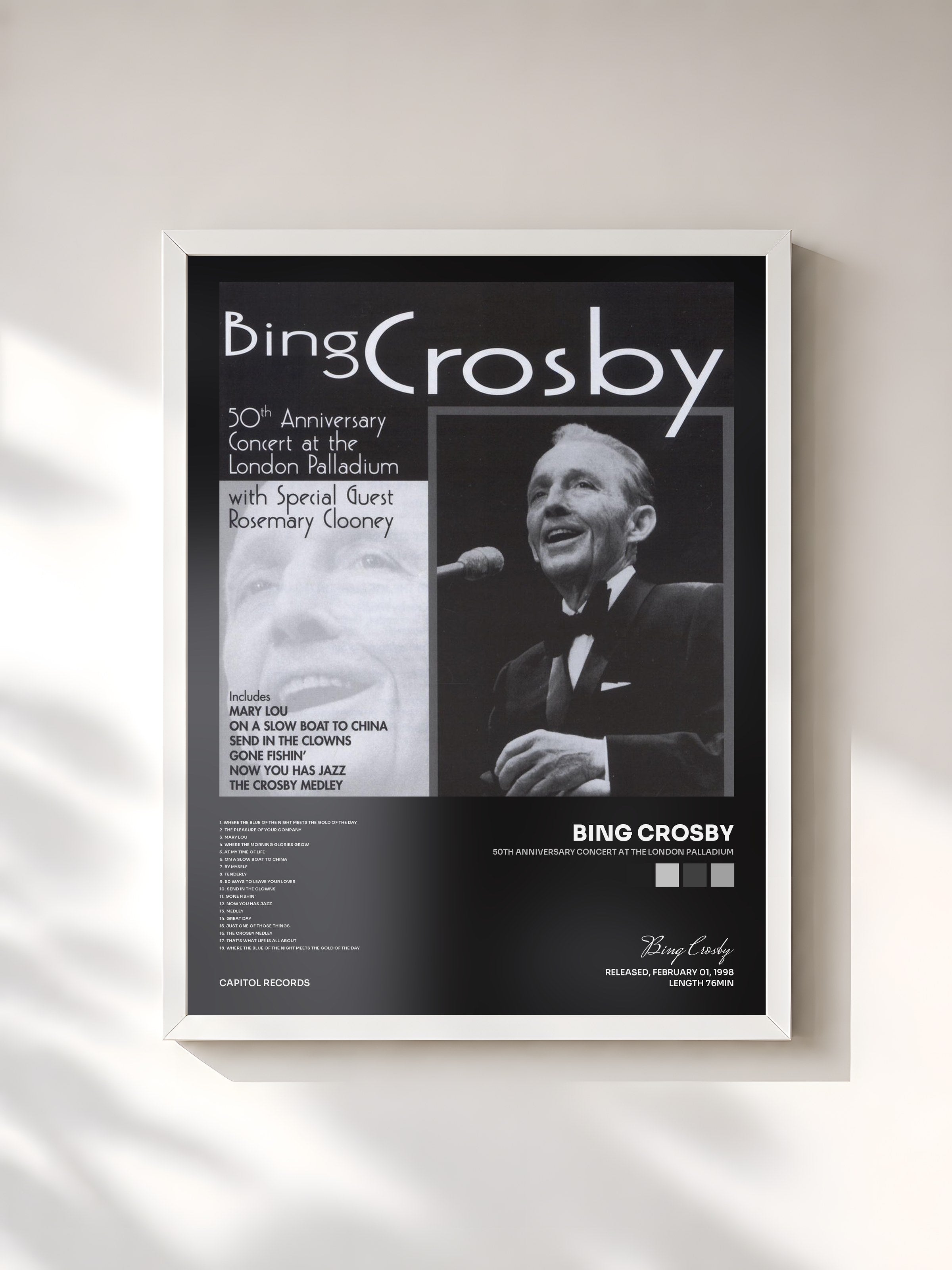 #blanc Tableau de l'album 50th Anniversary Concert At The London Palladium de Bing Crosby, cadre blanc, imprimé et encadré en France