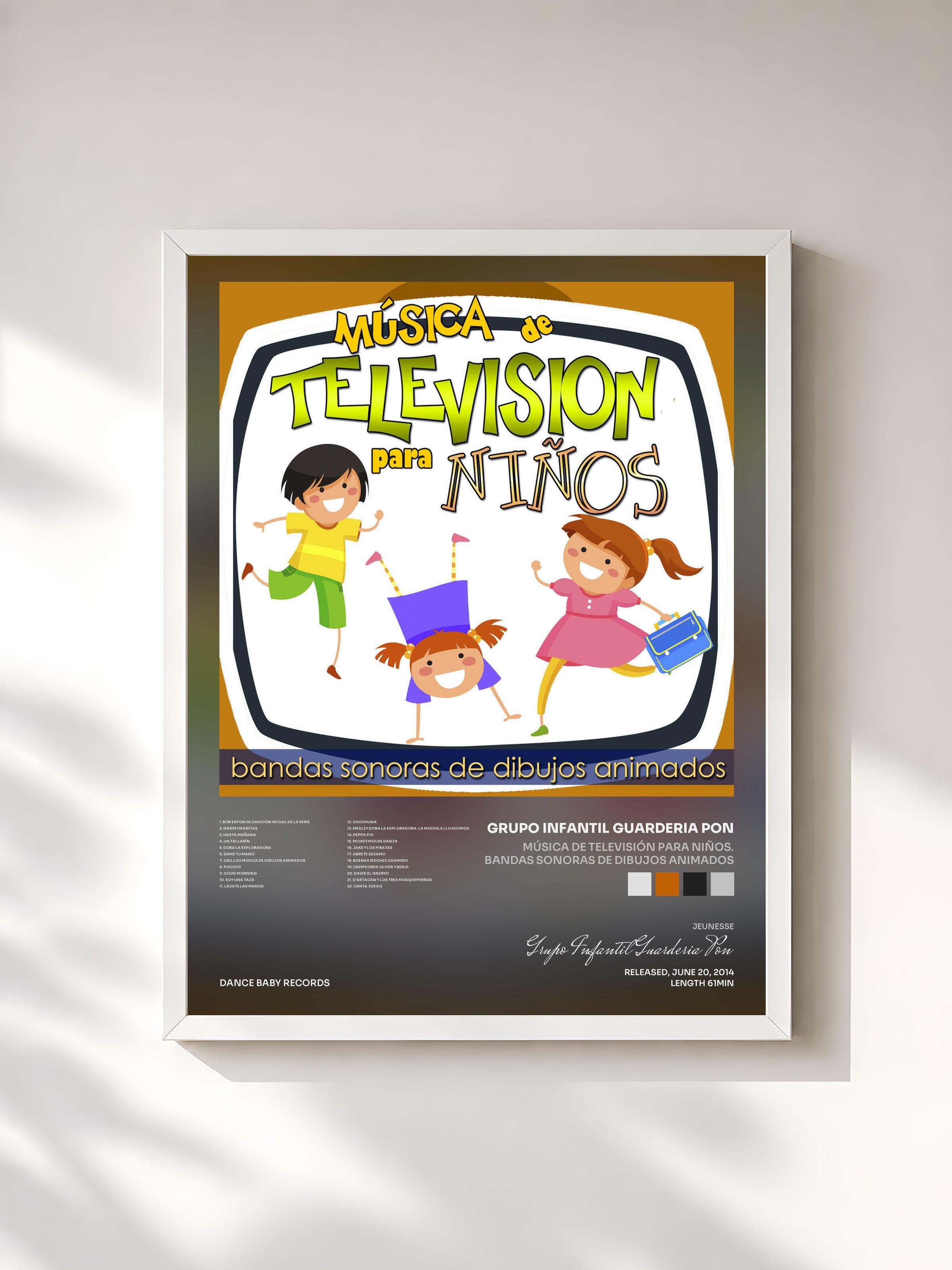 #blanc Tableau de l'album Música de Televisión para Niños. Bandas Sonoras de Dibujos Animados de Grupo Infantil Guarderia Pon, cadre blanc, imprimé et encadré en France