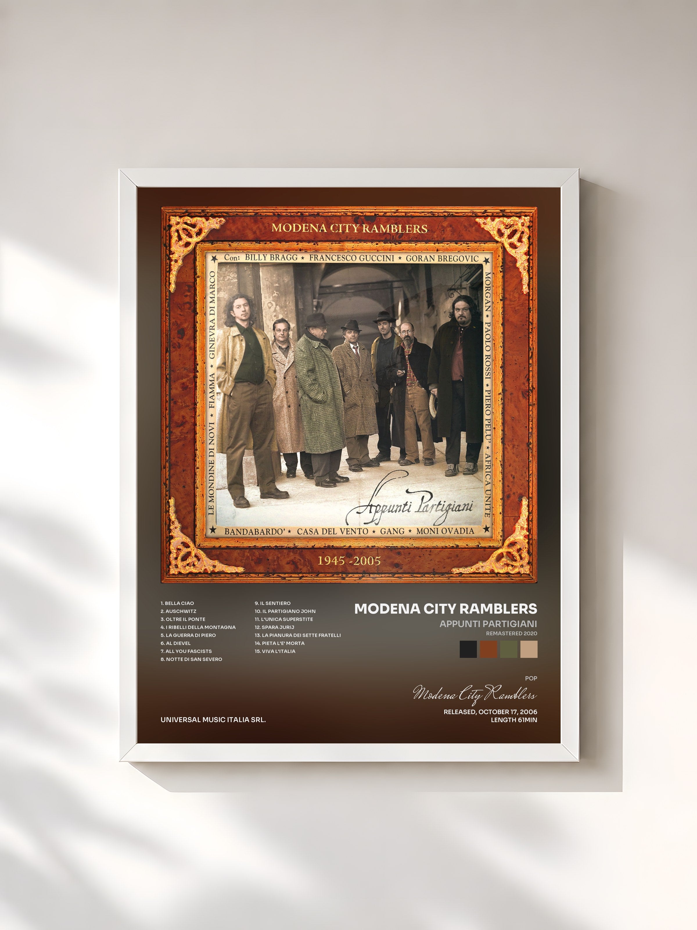 #blanc Tableau de l'album Appunti Partigiani (Remastered 2020) de Modena City Ramblers, cadre blanc, imprimé et encadré en France