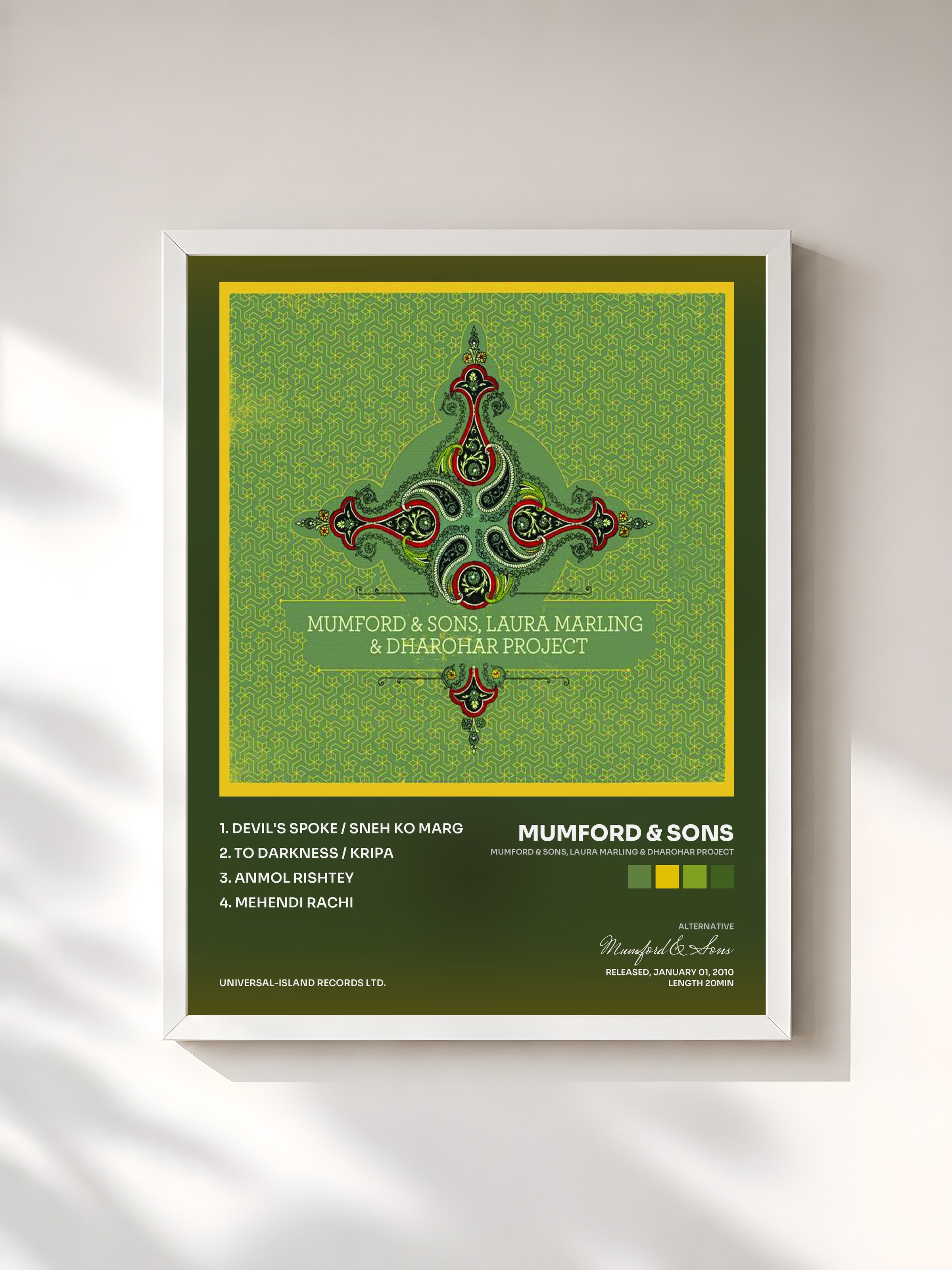 #blanc Tableau de l'album Mumford & Sons, Laura Marling & Dharohar Project de Mumford & Sons, cadre blanc, imprimé et encadré en France