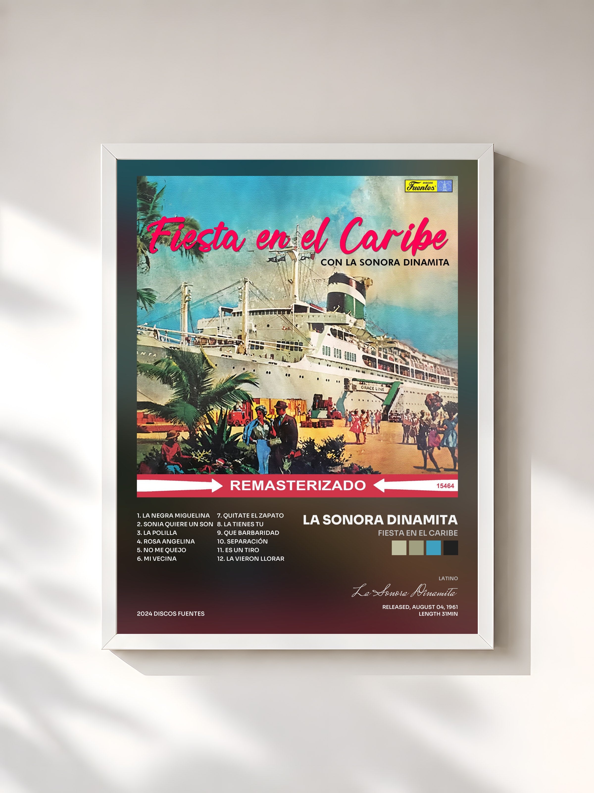 #blanc Tableau de l'album Fiesta en El Caribe de La Sonora Dinamita, cadre blanc, imprimé et encadré en France