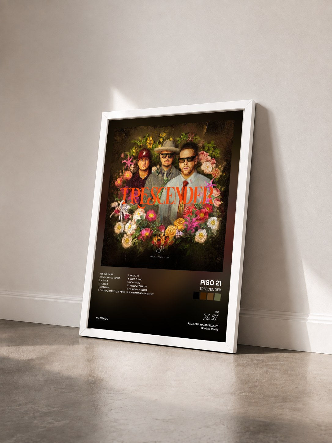 #blanc Tableau de l'album TRESCENDER de Piso 21 vu de trois quarts, cadre blanc