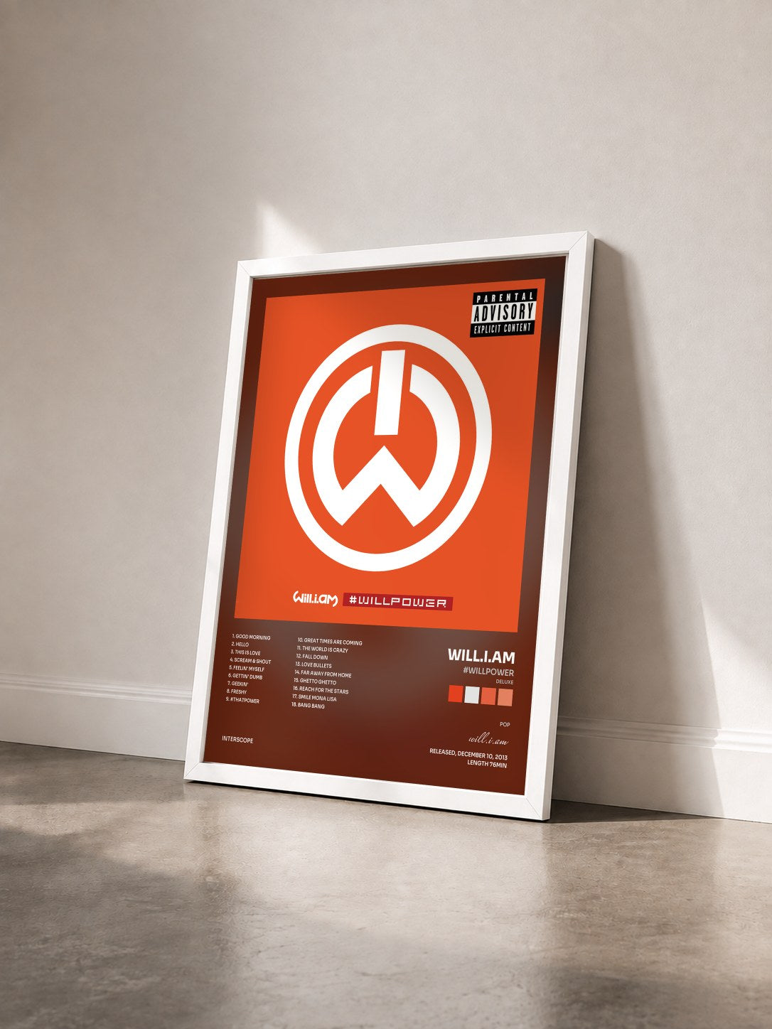 #blanc #willpower (Deluxe) by will.i.am as a framed art print seen at an angle, white frame