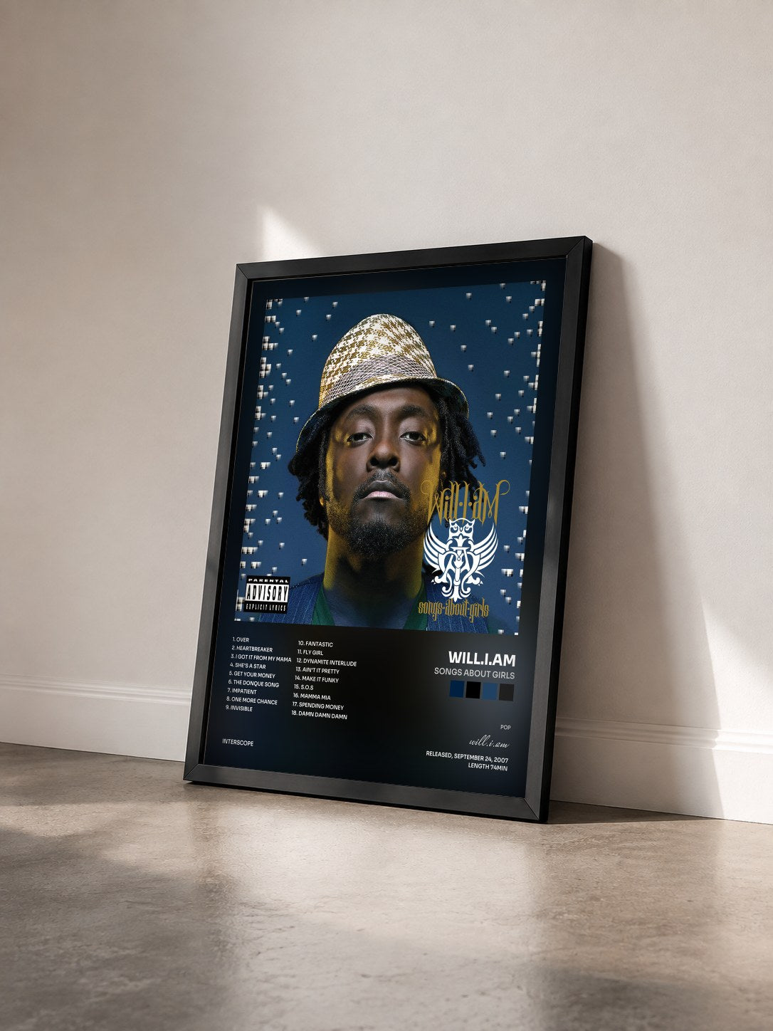 #noir Songs About Girls by will.i.am as a framed art print seen at an angle, black frame