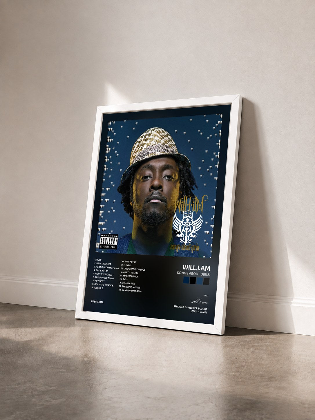 #blanc Songs About Girls by will.i.am as a framed art print seen at an angle, white frame