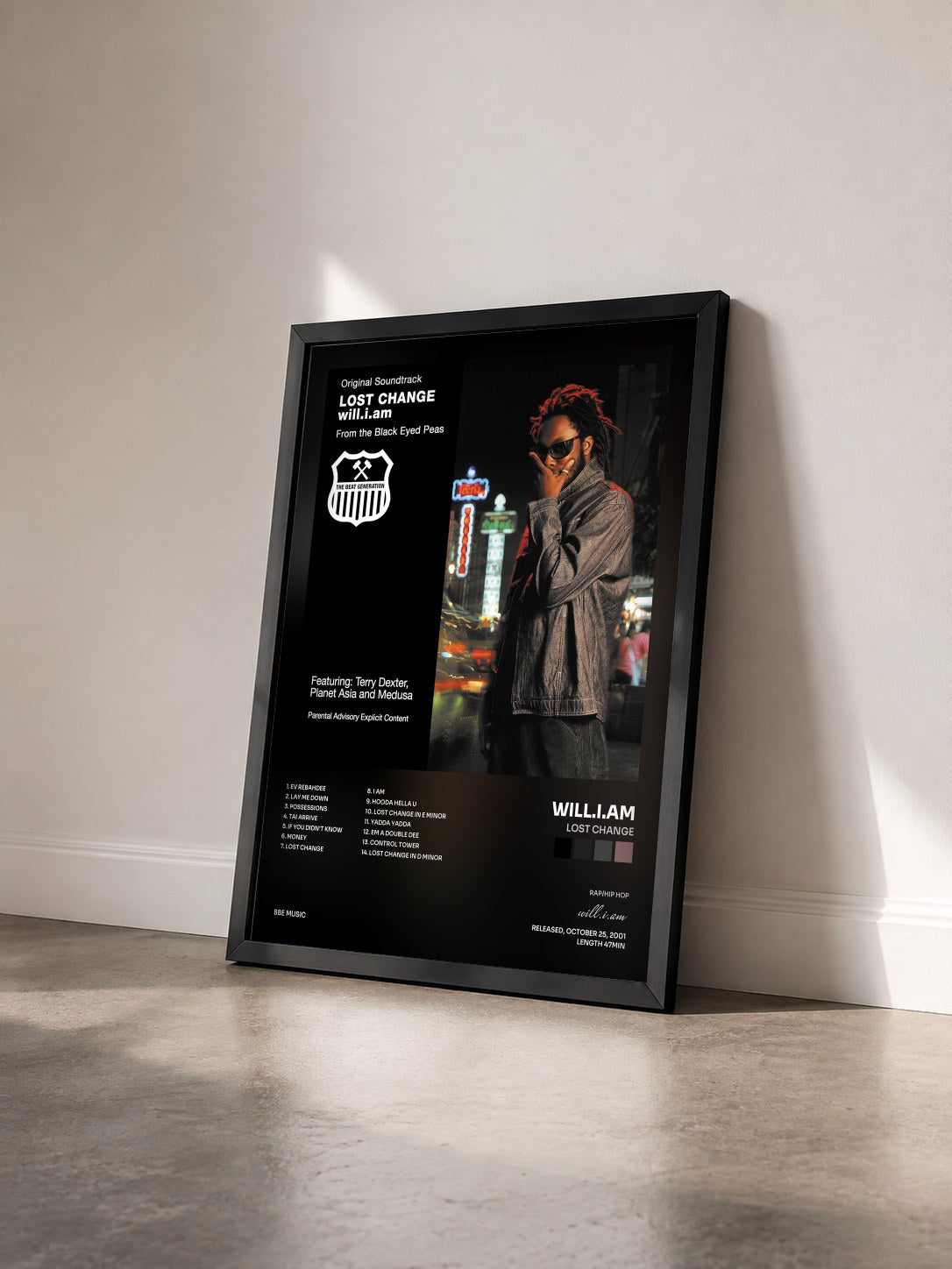 #noir Lost Change by will.i.am as a framed art print seen at an angle, black frame