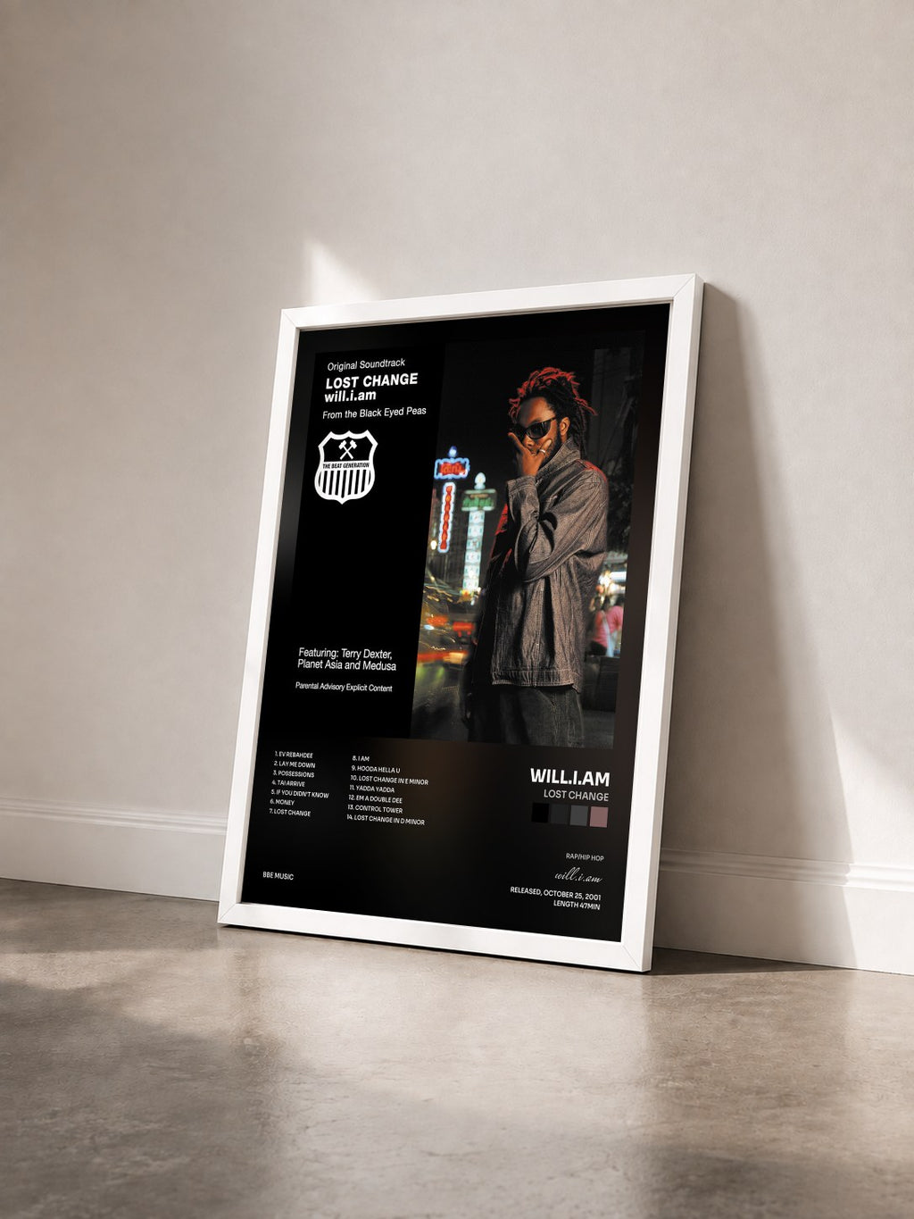 #blanc Lost Change by will.i.am as a framed art print seen at an angle, white frame
