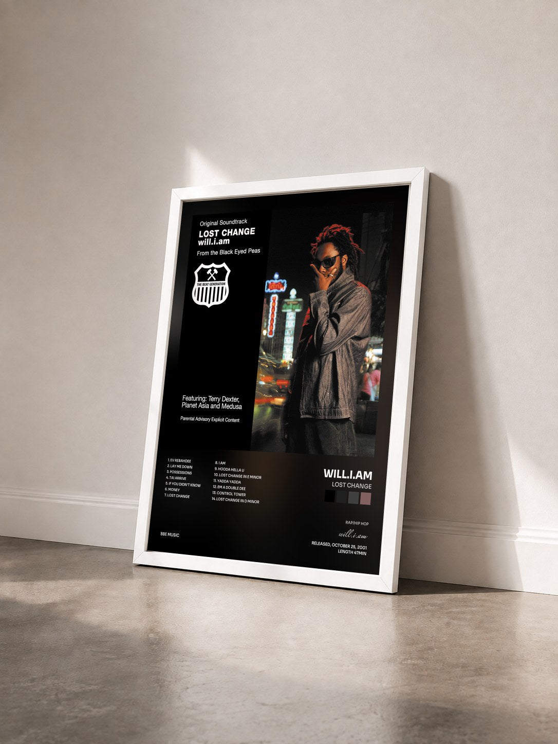 #blanc Lost Change by will.i.am as a framed art print seen at an angle, white frame