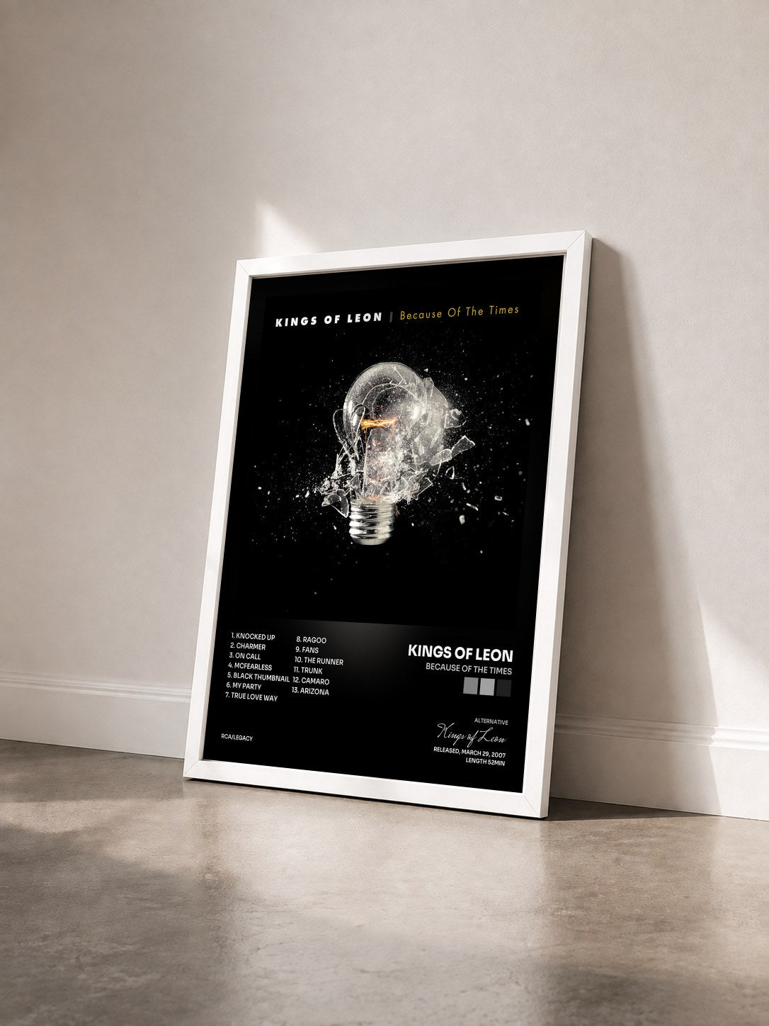 #blanc Because Of The Times by Kings of Leon as a framed art print seen at an angle, white frame