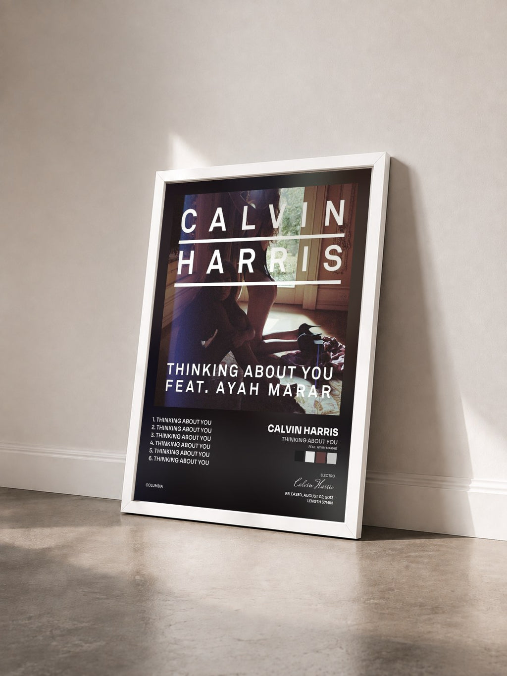 #blanc Tableau de l'album Thinking About You (feat. Ayah Marar) de Calvin Harris vu de trois quarts, cadre blanc