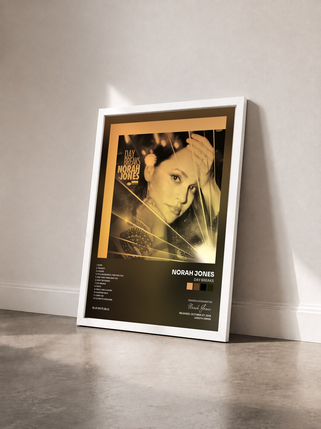 #blanc Tableau de l'album Day Breaks de Norah Jones vu de trois quarts, cadre blanc