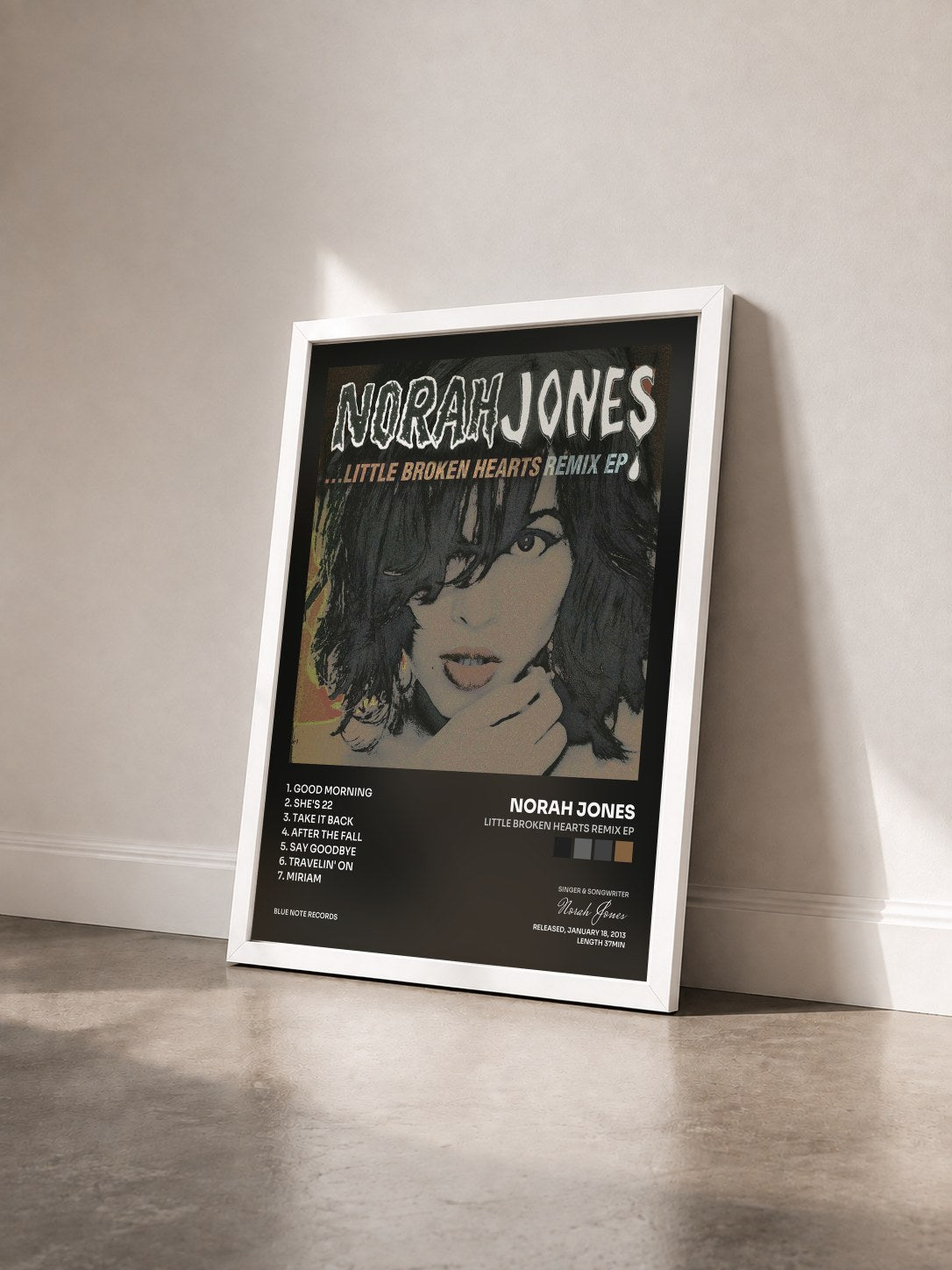 #blanc Tableau de l'album Little Broken Hearts Remix EP de Norah Jones vu de trois quarts, cadre blanc