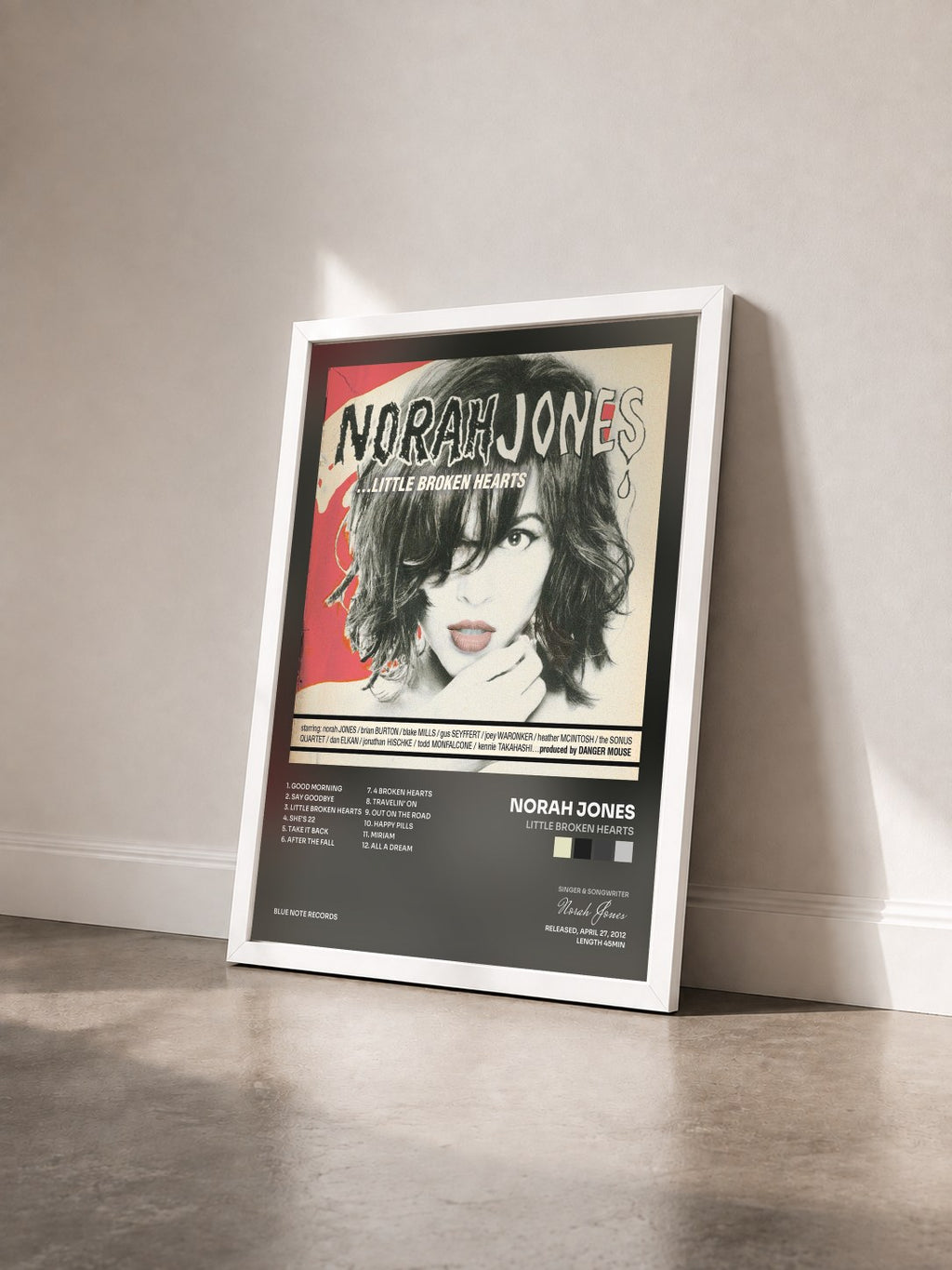 #blanc Little Broken Hearts by Norah Jones as a framed art print seen at an angle, white frame