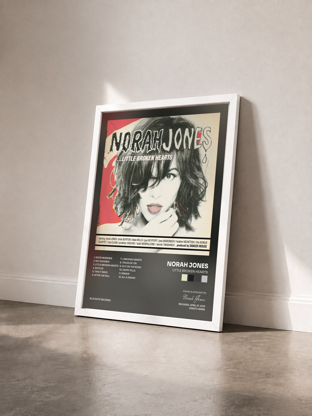 #blanc Little Broken Hearts by Norah Jones as a framed art print seen at an angle, white frame