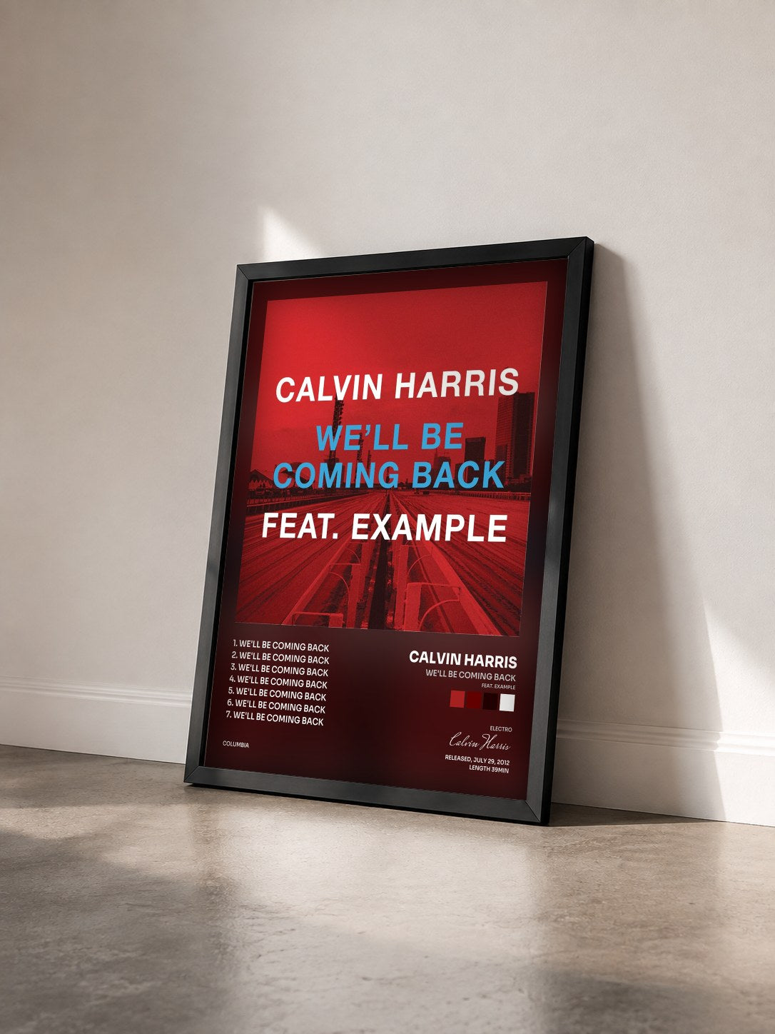 #noir Tableau de l'album We'll Be Coming Back (feat. Example) de Calvin Harris vu de trois quarts, cadre noir