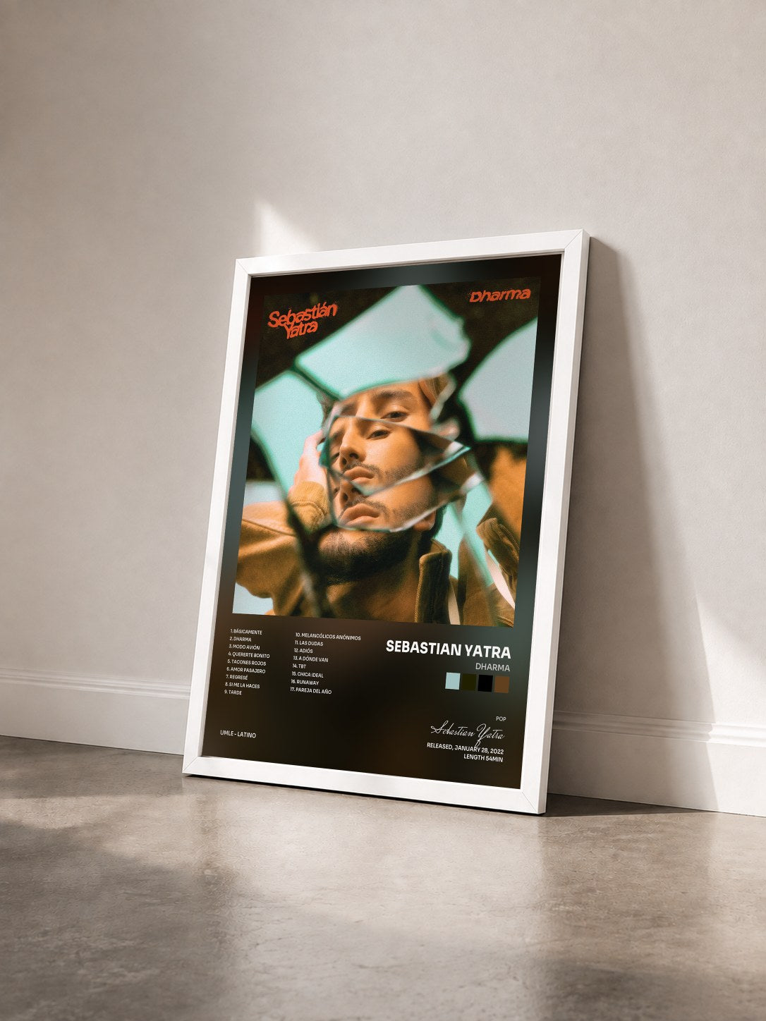 #blanc Dharma by Sebastian Yatra as a framed art print seen at an angle, white frame
