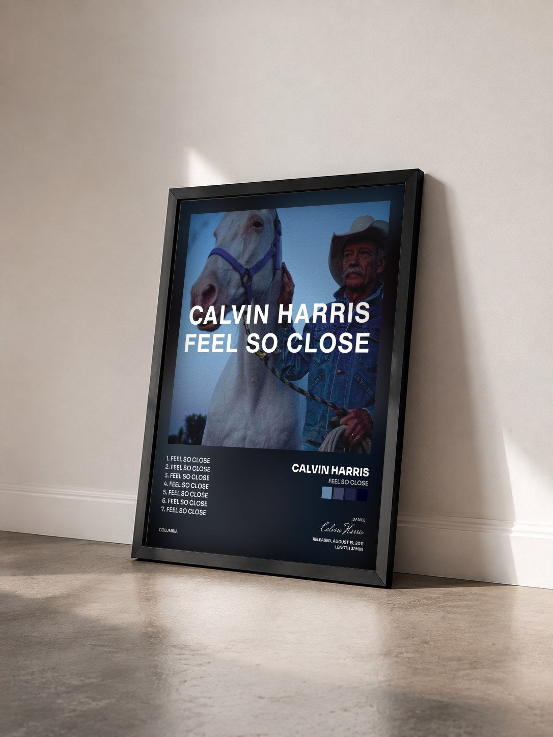 #noir Tableau de l'album Feel So Close de Calvin Harris vu de trois quarts, cadre noir