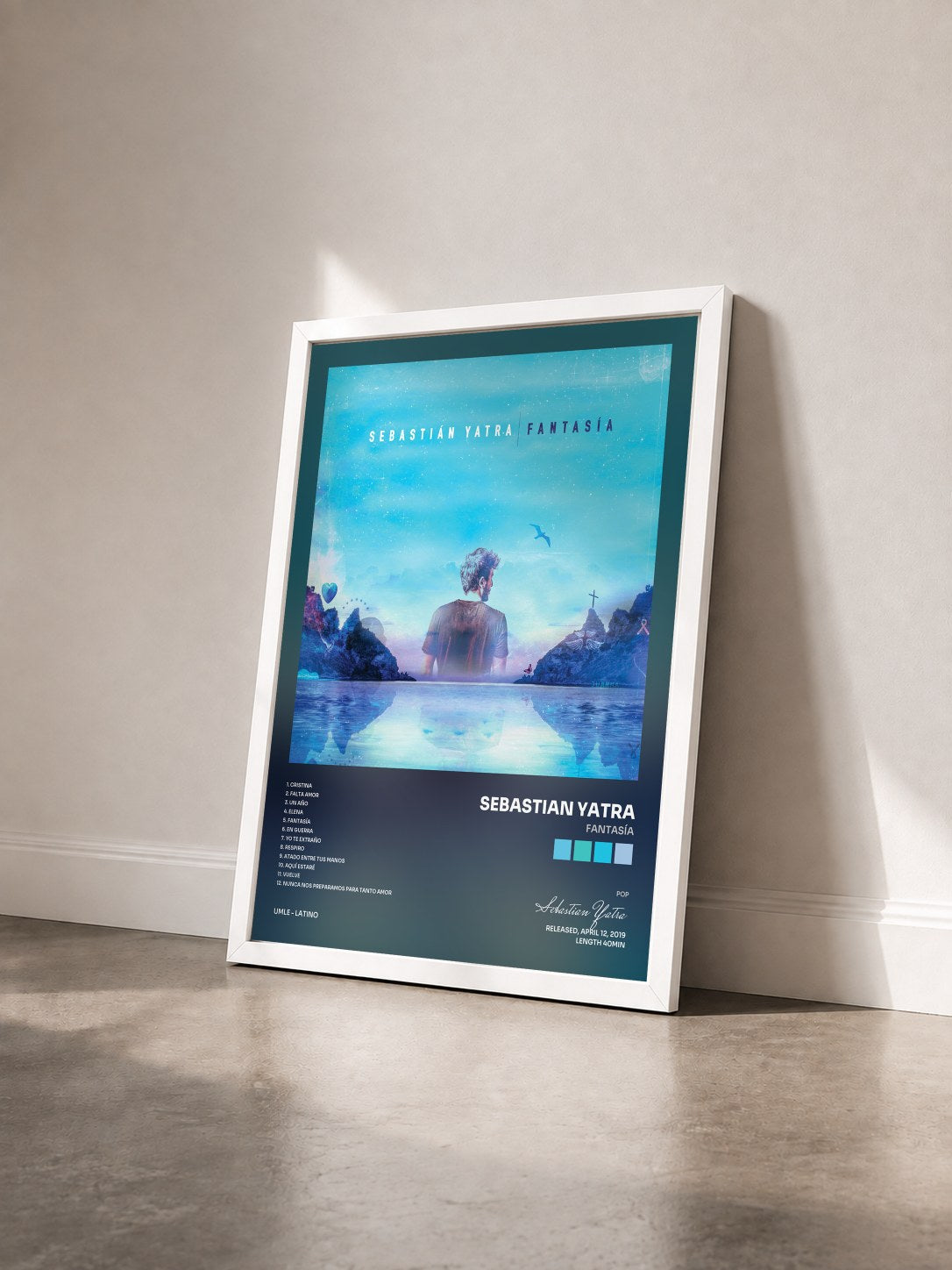 #blanc FANTASÍA by Sebastian Yatra as a framed art print seen at an angle, white frame