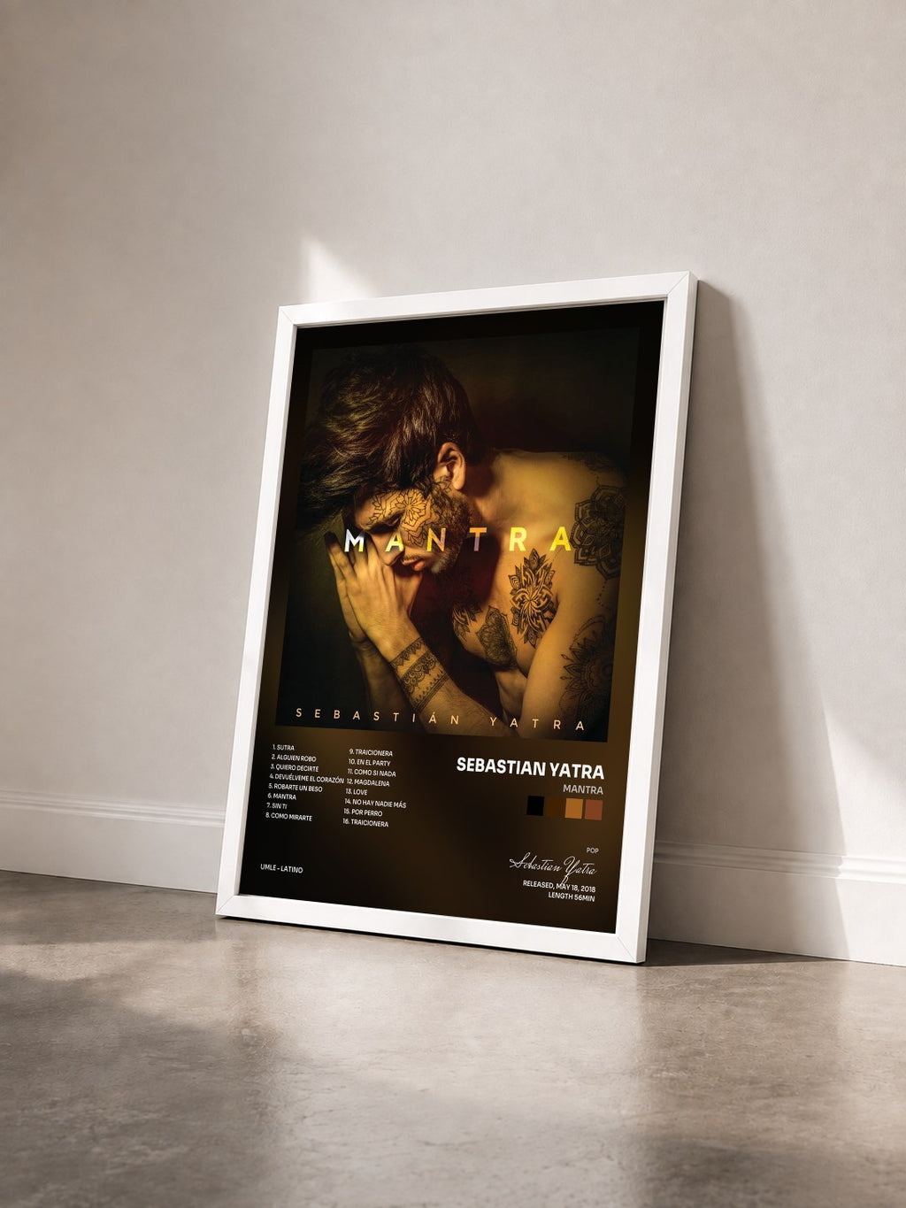 #blanc MANTRA by Sebastian Yatra as a framed art print seen at an angle, white frame
