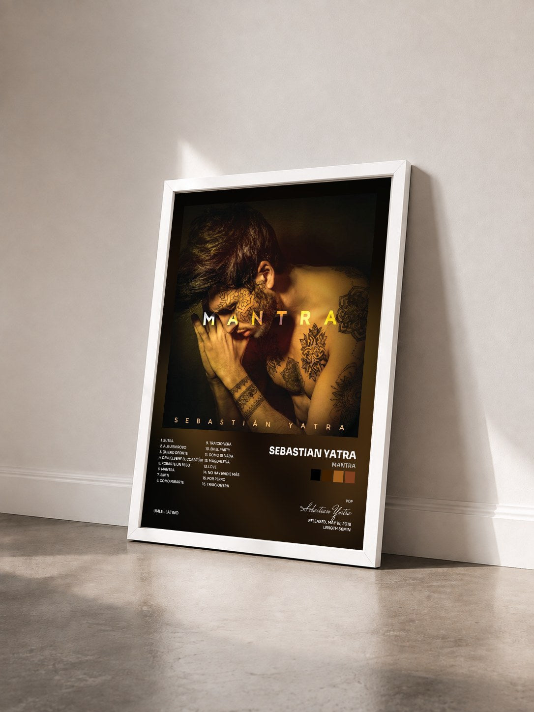 #blanc MANTRA by Sebastian Yatra as a framed art print seen at an angle, white frame