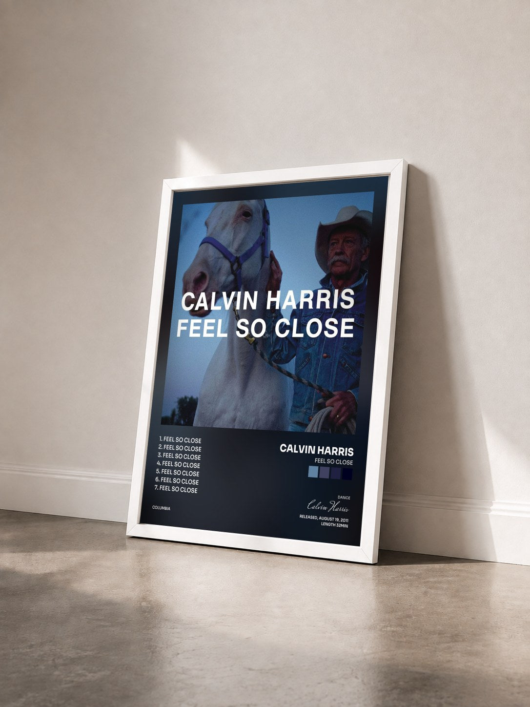 #blanc Tableau de l'album Feel So Close de Calvin Harris vu de trois quarts, cadre blanc