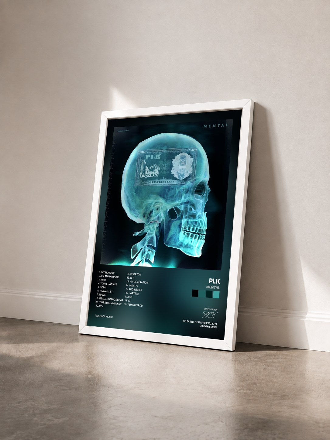 #blanc Tableau de l'album Mental de PLK vu de trois quarts, cadre blanc