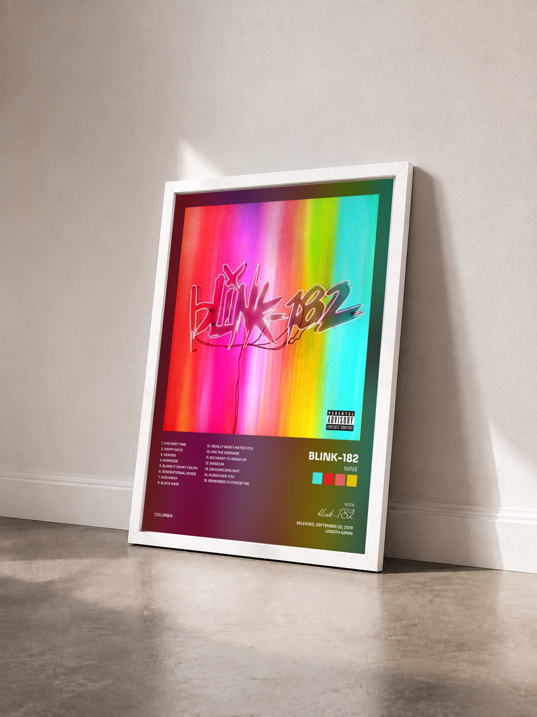 #blanc Tableau de l'album NINE de blink-182 vu de trois quarts, cadre blanc