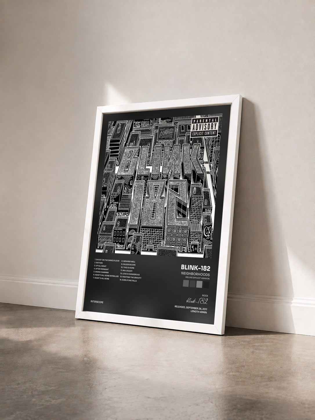 #blanc Tableau de l'album Neighborhoods (Deluxe Explicit Version) de blink-182 vu de trois quarts, cadre blanc