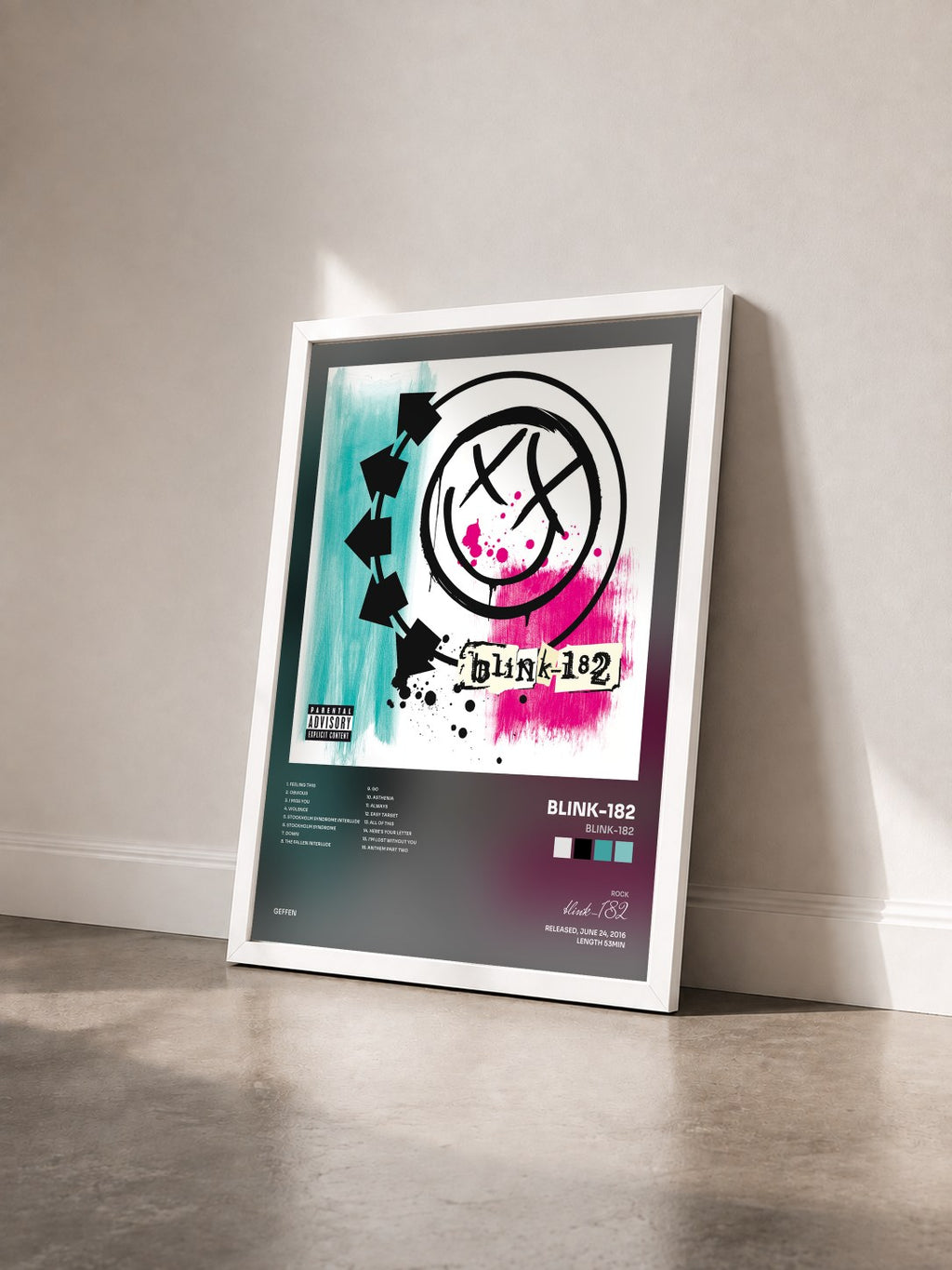 #blanc blink-182 di blink-182 in stampa incorniciata vista di tre quarti, cornice bianca