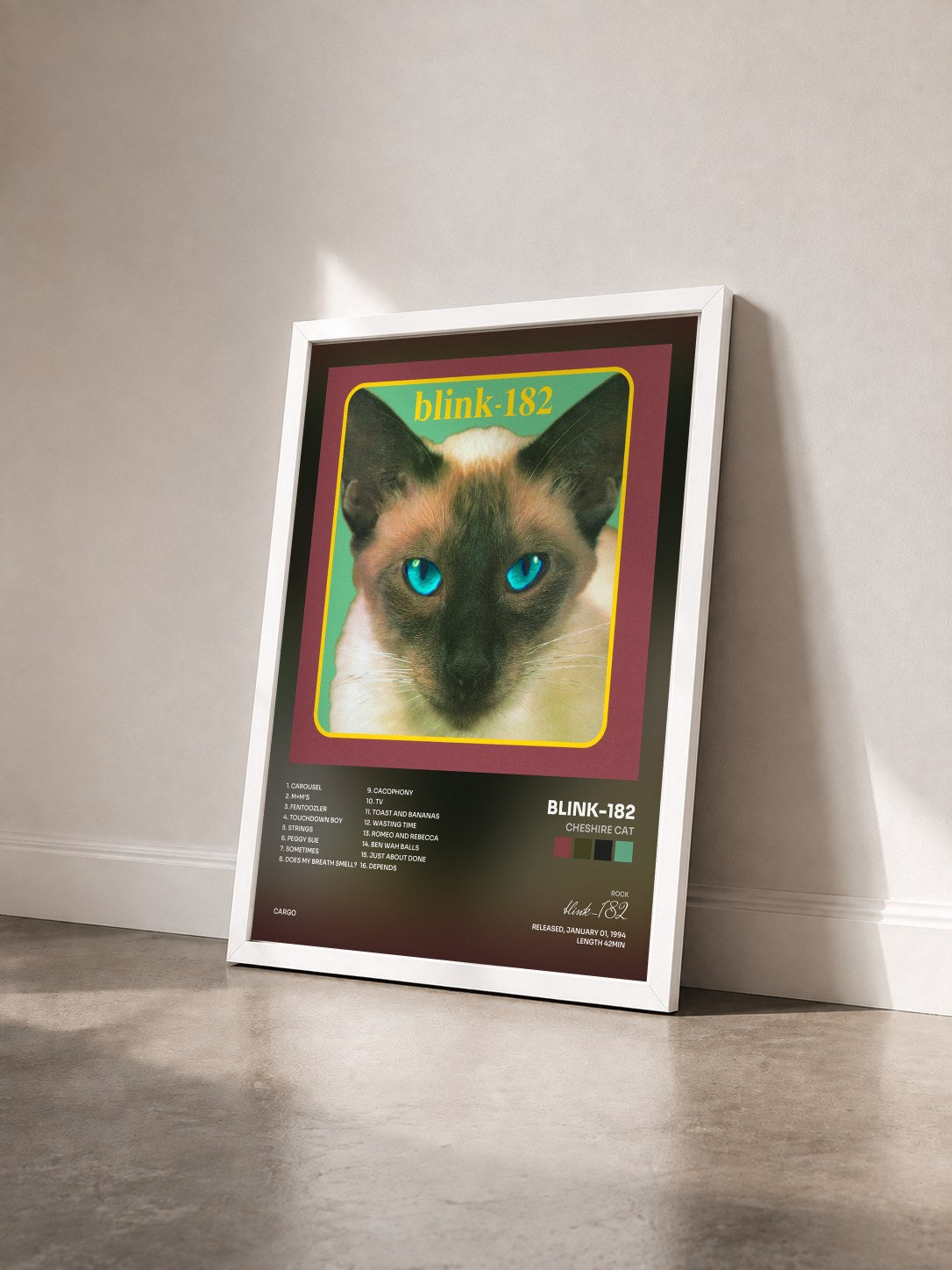#blanc Tableau de l'album Cheshire Cat de blink-182 vu de trois quarts, cadre blanc