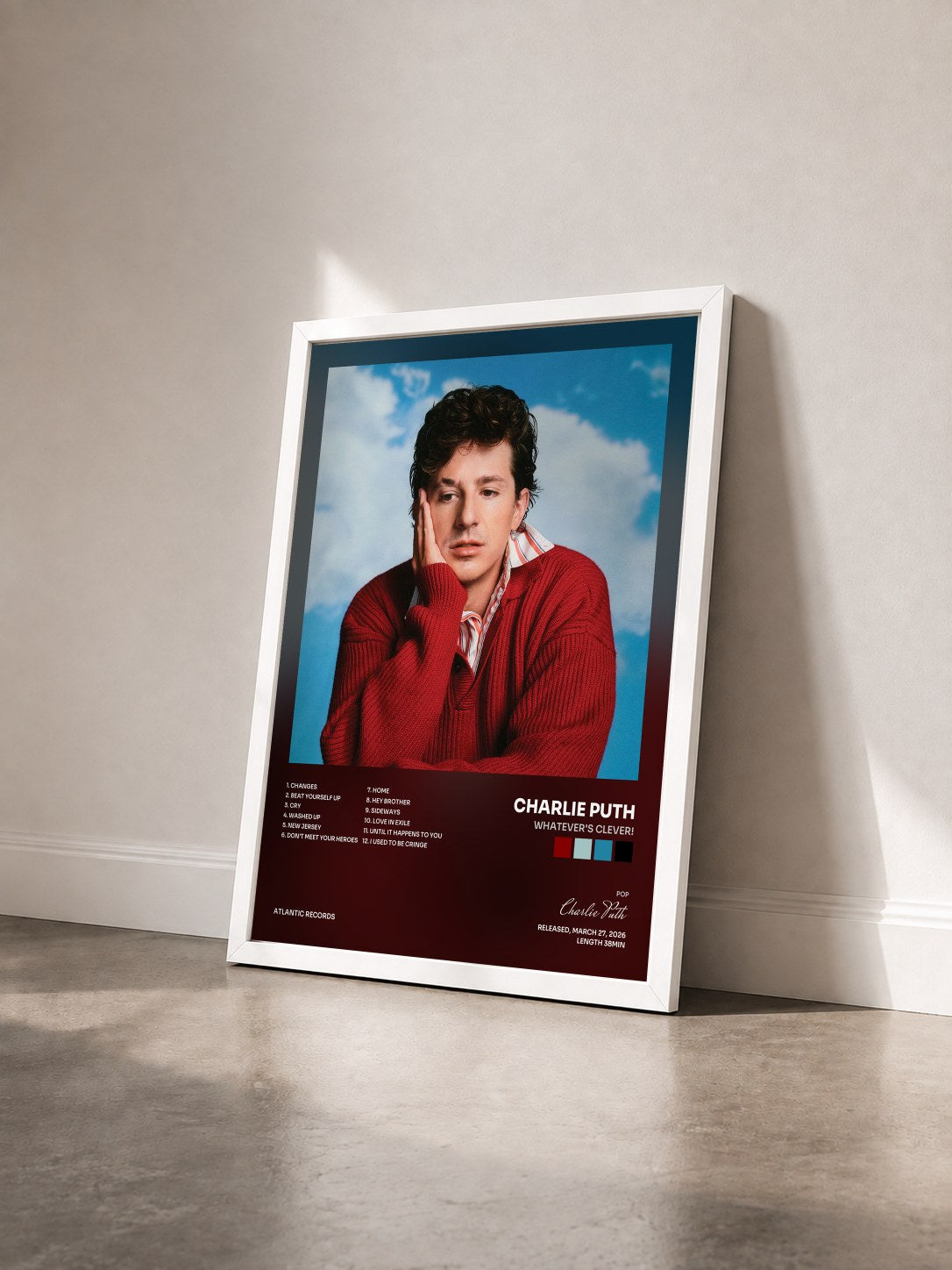 #blanc Tableau de l'album Whatever's Clever! de Charlie Puth vu de trois quarts, cadre blanc