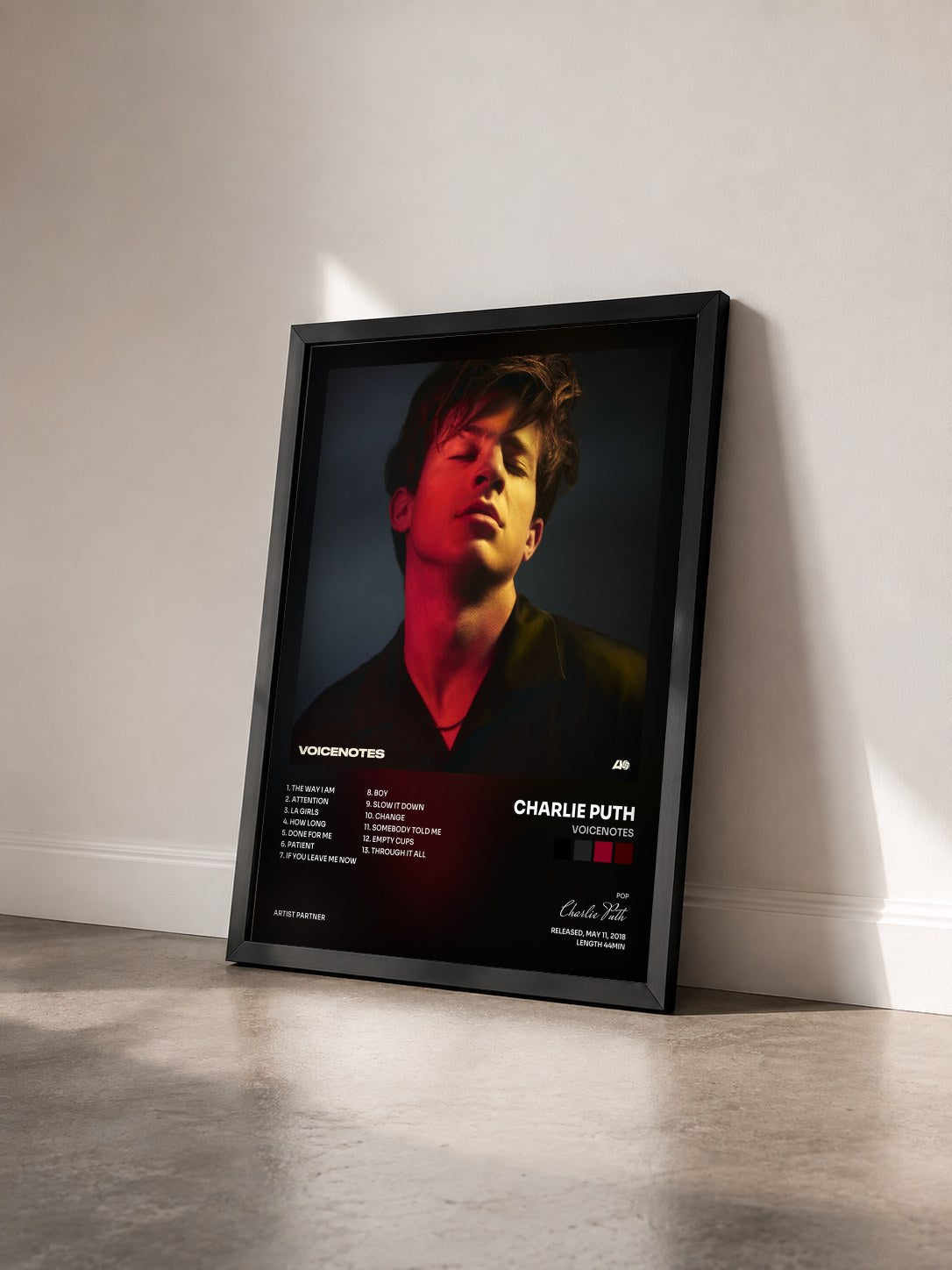 #noir Voicenotes by Charlie Puth as a framed art print seen at an angle, black frame