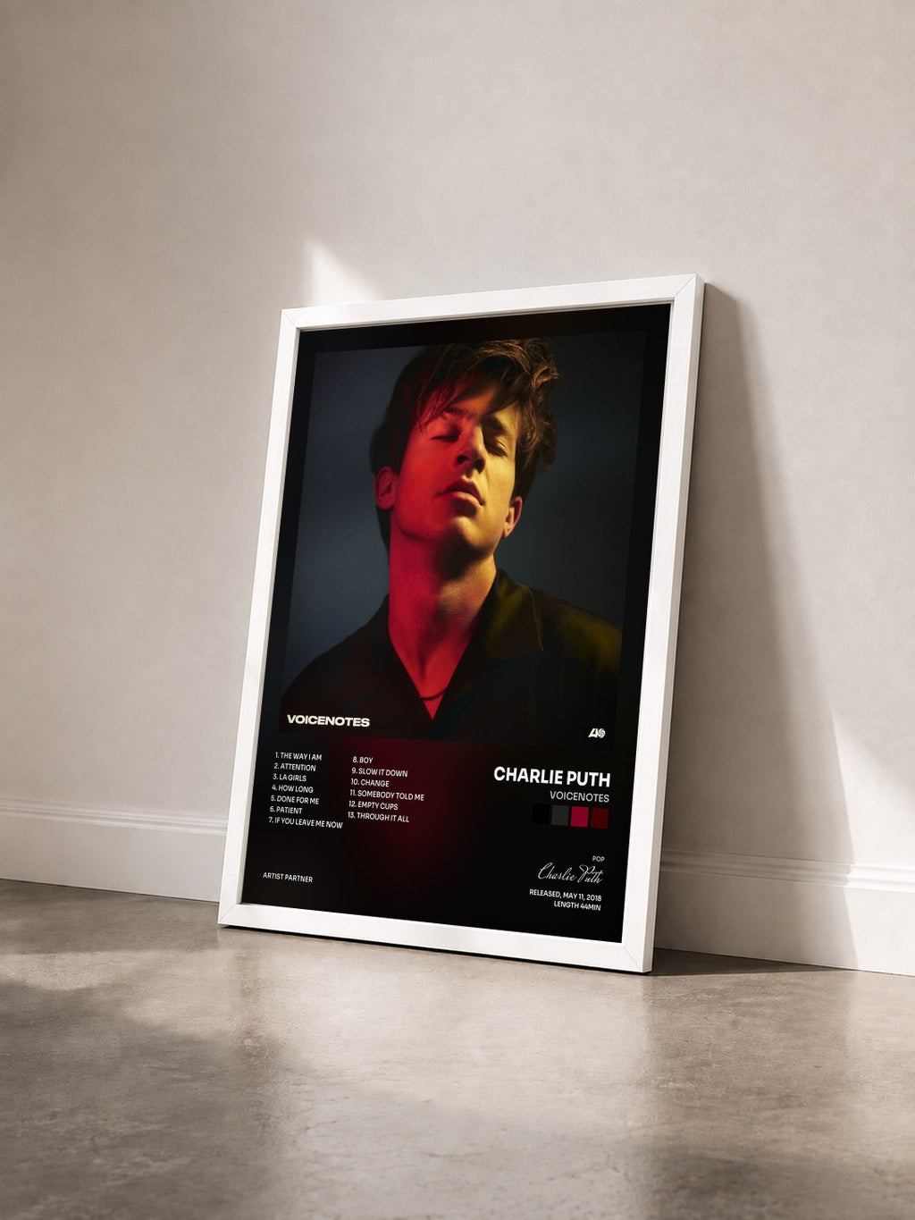 #blanc Voicenotes by Charlie Puth as a framed art print seen at an angle, white frame