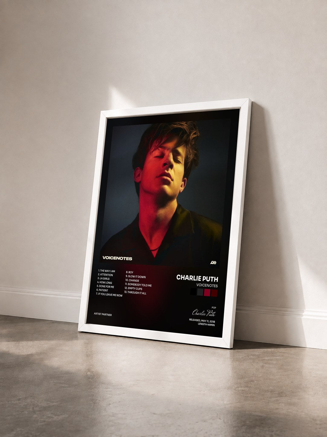 #blanc Voicenotes by Charlie Puth as a framed art print seen at an angle, white frame
