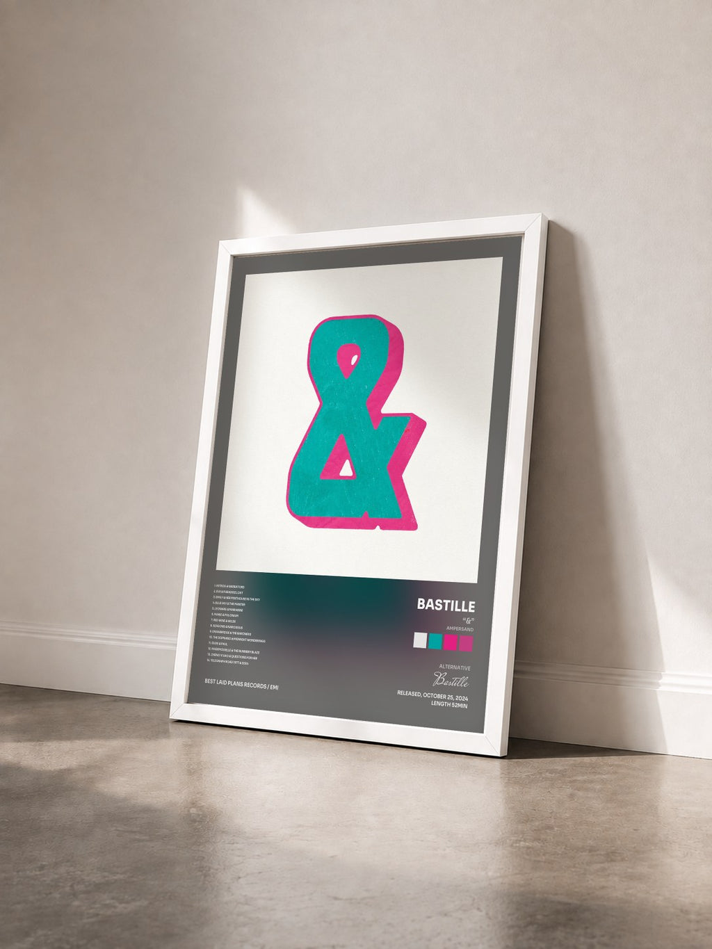 #blanc Tableau de l'album “&” (Ampersand) de Bastille vu de trois quarts, cadre blanc