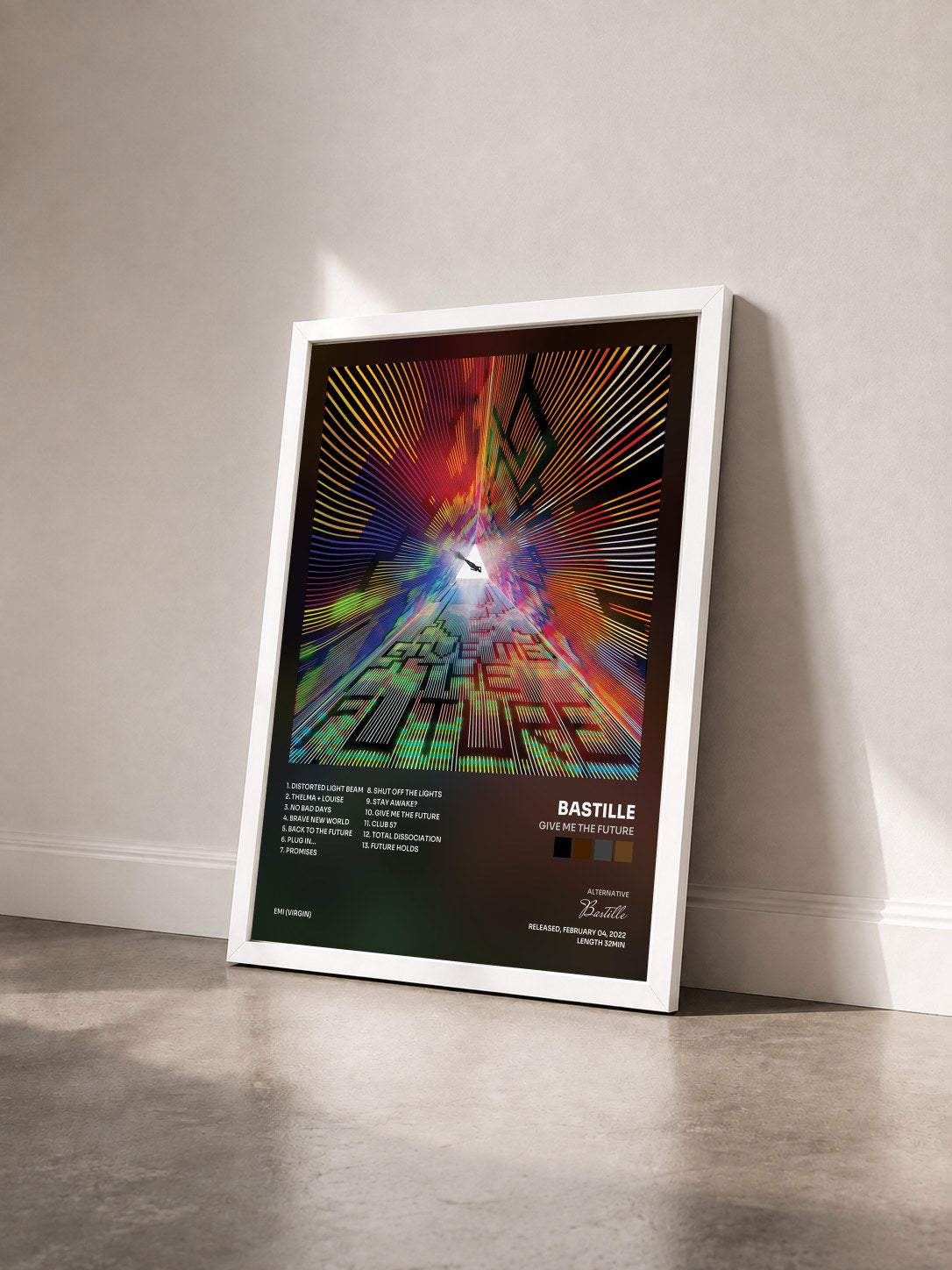 #blanc Give Me The Future von Bastille als gerahmter Kunstdruck von schräg gesehen, weißer Rahmen