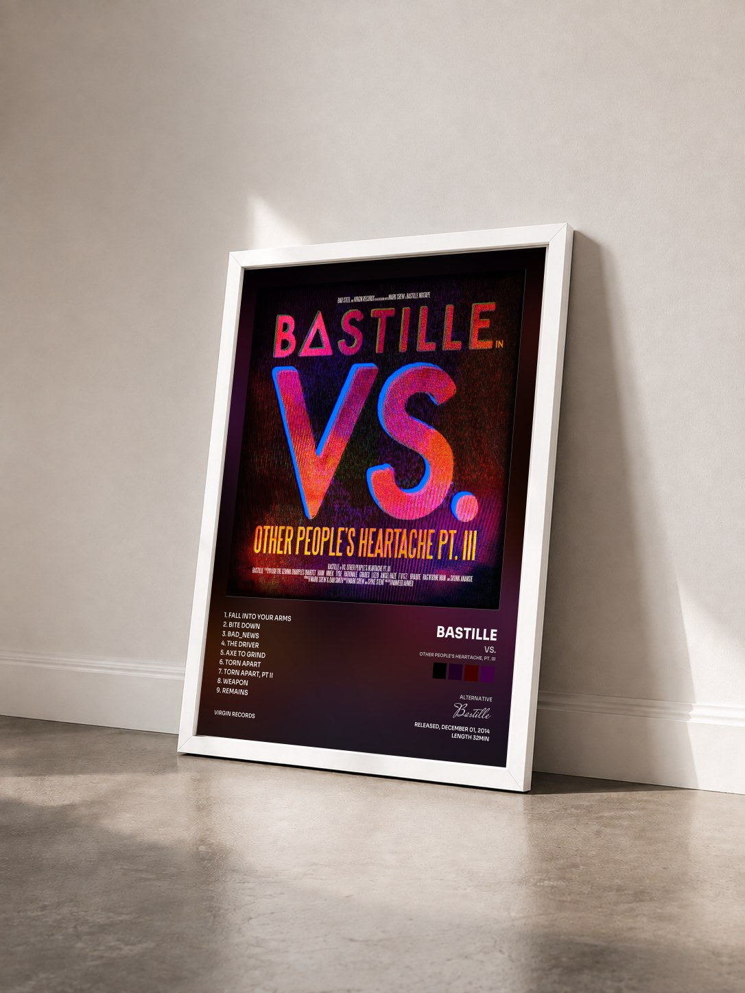 #blanc VS. (Other People’s Heartache, Pt. III) von Bastille als gerahmter Kunstdruck von schräg gesehen, weißer Rahmen