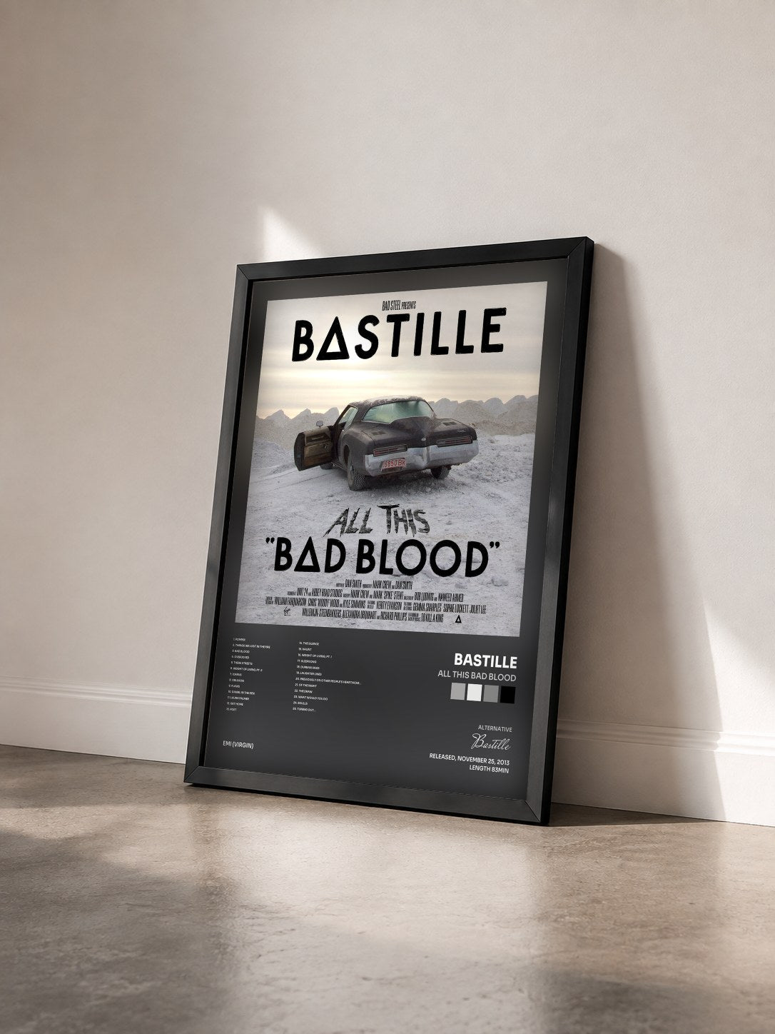 #noir Tableau de l'album All This Bad Blood de Bastille vu de trois quarts, cadre noir