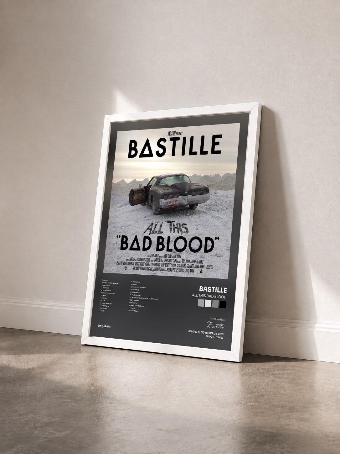 #blanc Tableau de l'album All This Bad Blood de Bastille vu de trois quarts, cadre blanc