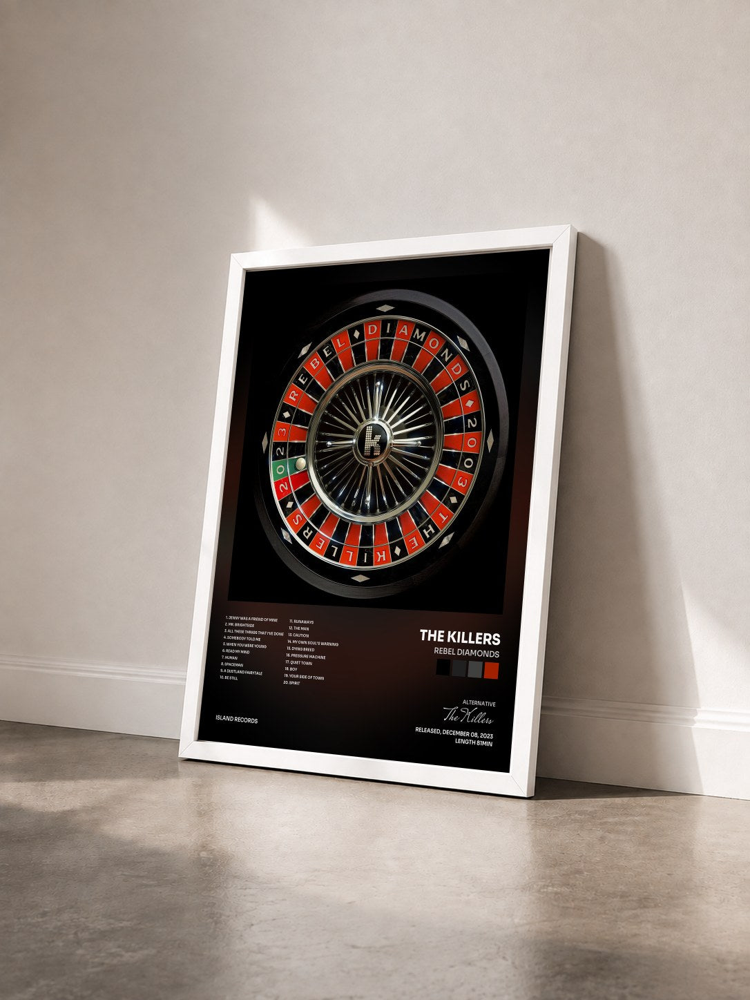 #blanc Tableau de l'album Rebel Diamonds de The Killers vu de trois quarts, cadre blanc