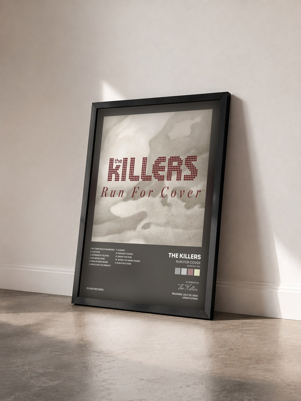#noir Tableau de l'album Run For Cover (Workout Mix) de The Killers vu de trois quarts, cadre noir