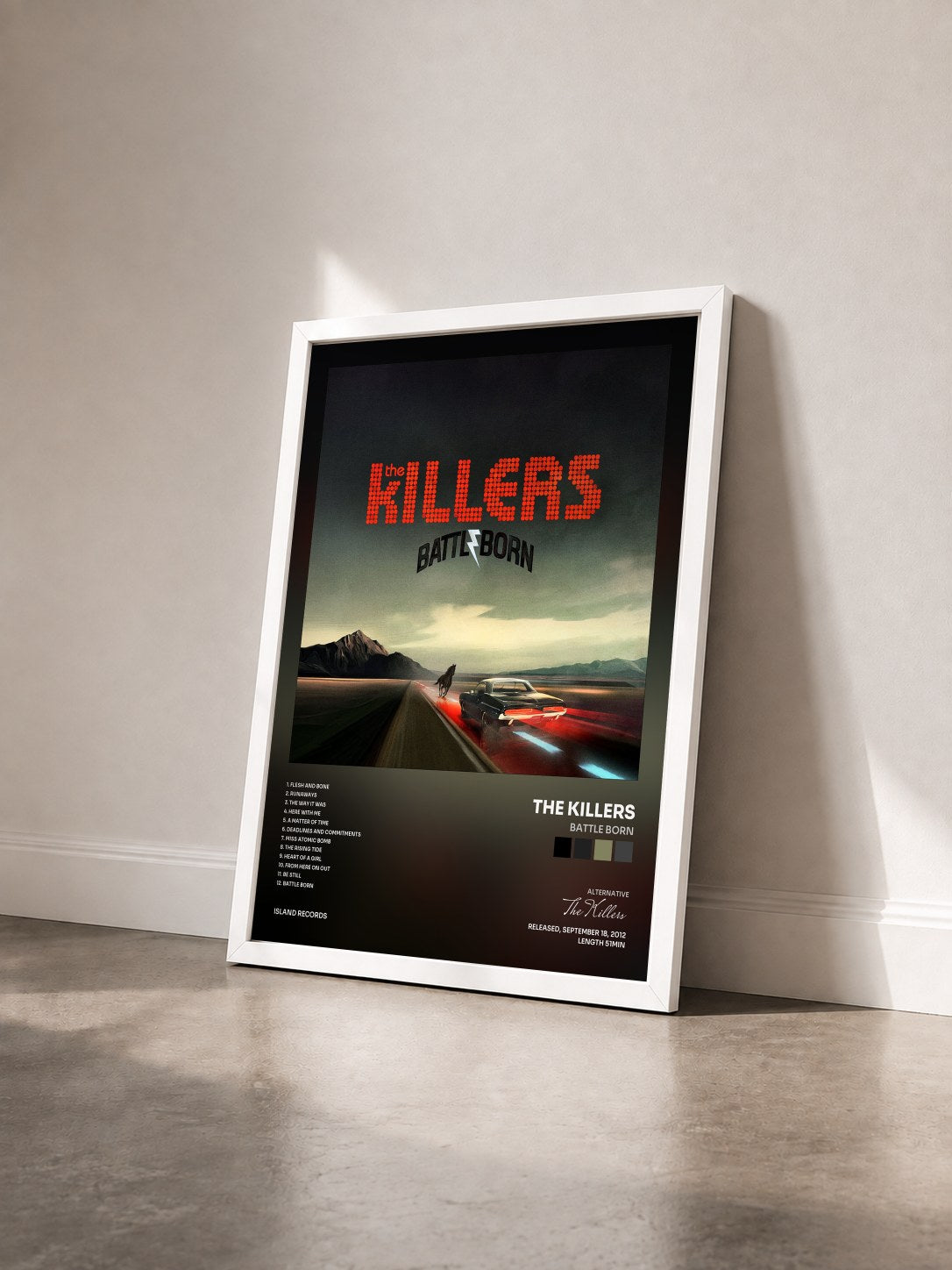 #blanc Tableau de l'album Battle Born de The Killers vu de trois quarts, cadre blanc