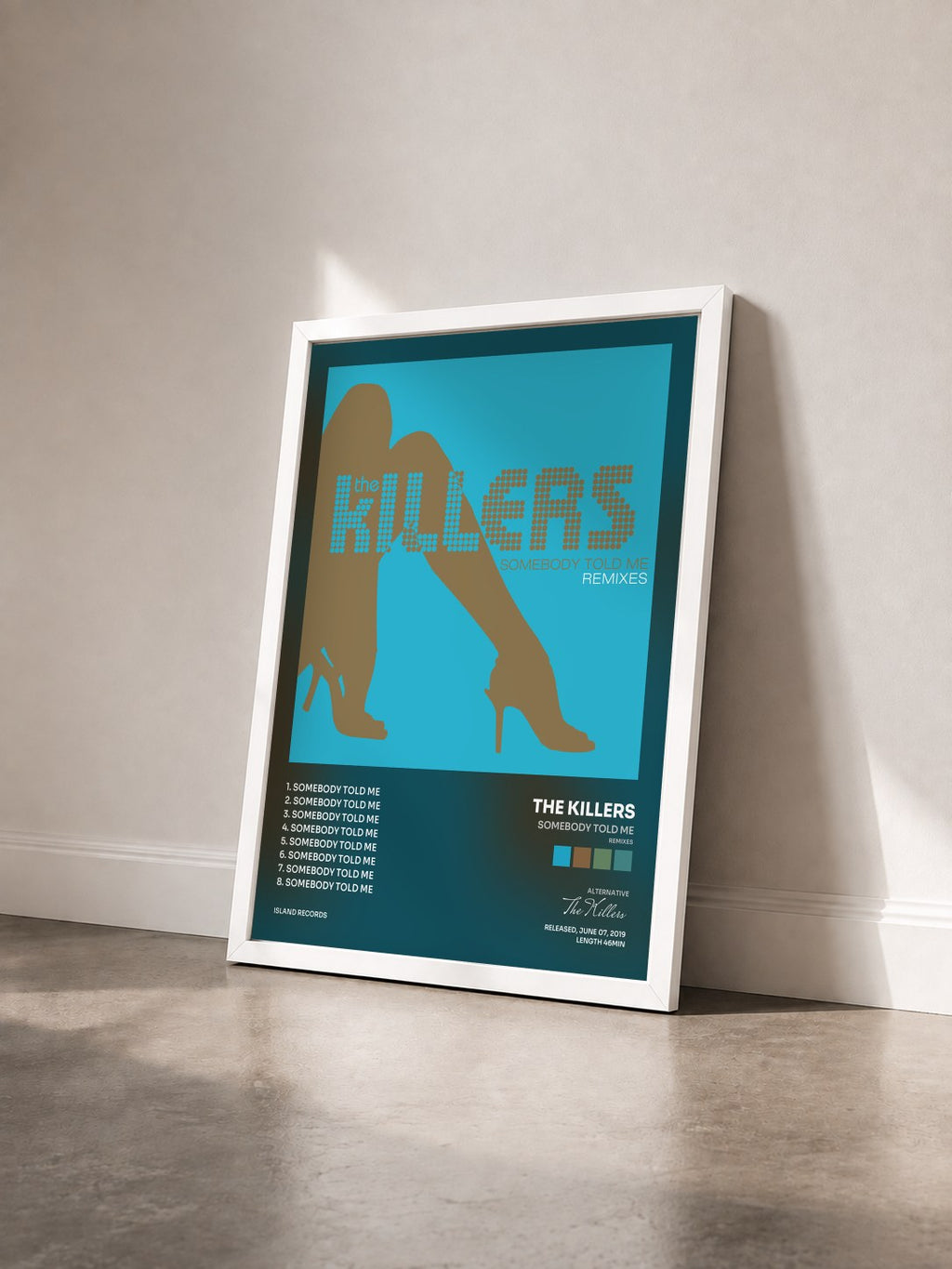 #blanc Somebody Told Me (Remixes) by The Killers as a framed art print seen at an angle, white frame