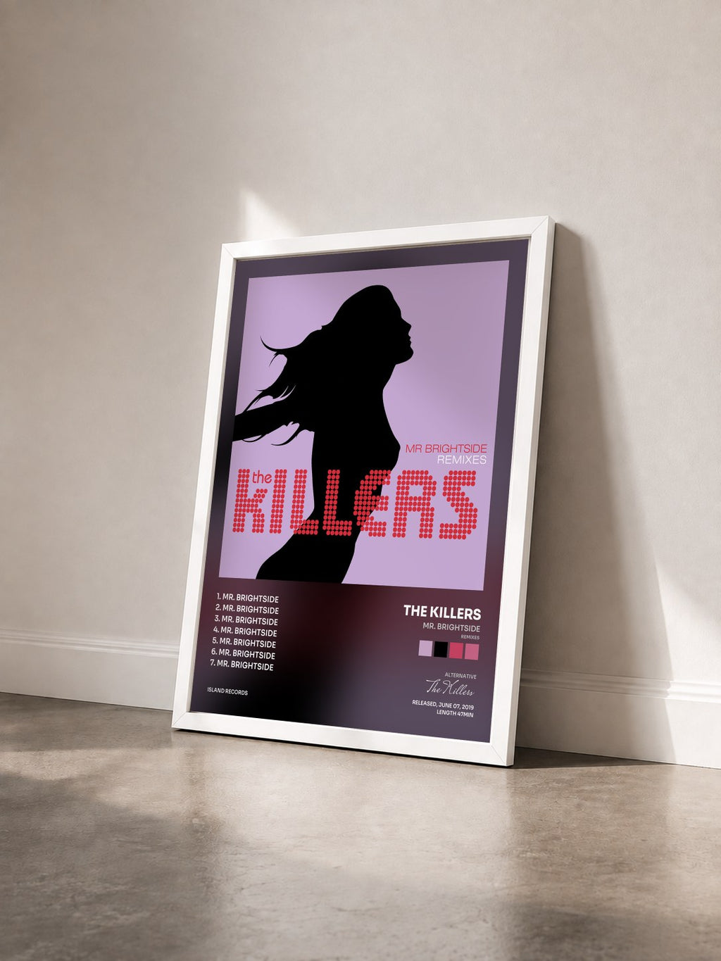 #blanc Mr. Brightside (Remixes) de The Killers en lámina enmarcada vista de tres cuartos, marco blanco