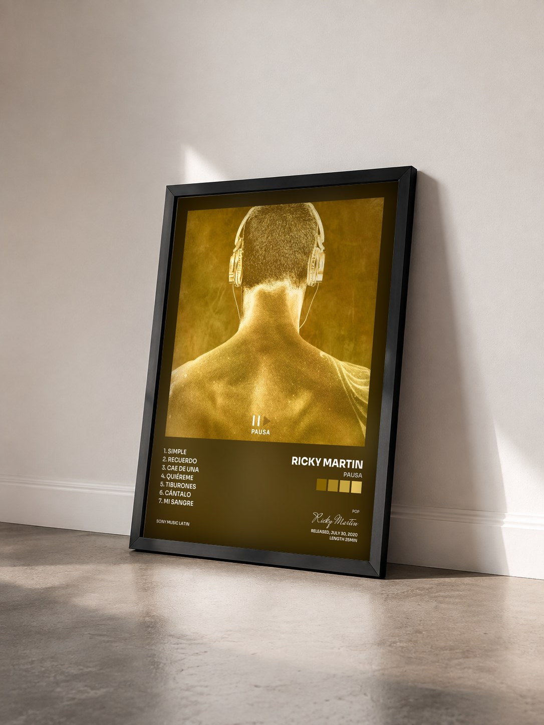 #noir PAUSA by Ricky Martin as a framed art print seen at an angle, black frame