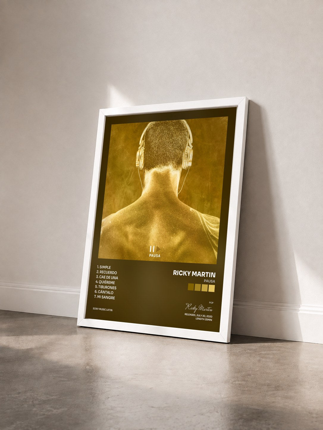 #blanc PAUSA by Ricky Martin as a framed art print seen at an angle, white frame