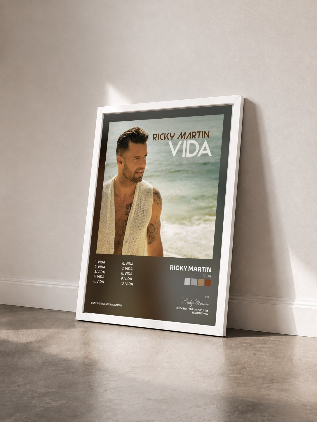 #blanc Vida by Ricky Martin as a framed art print seen at an angle, white frame