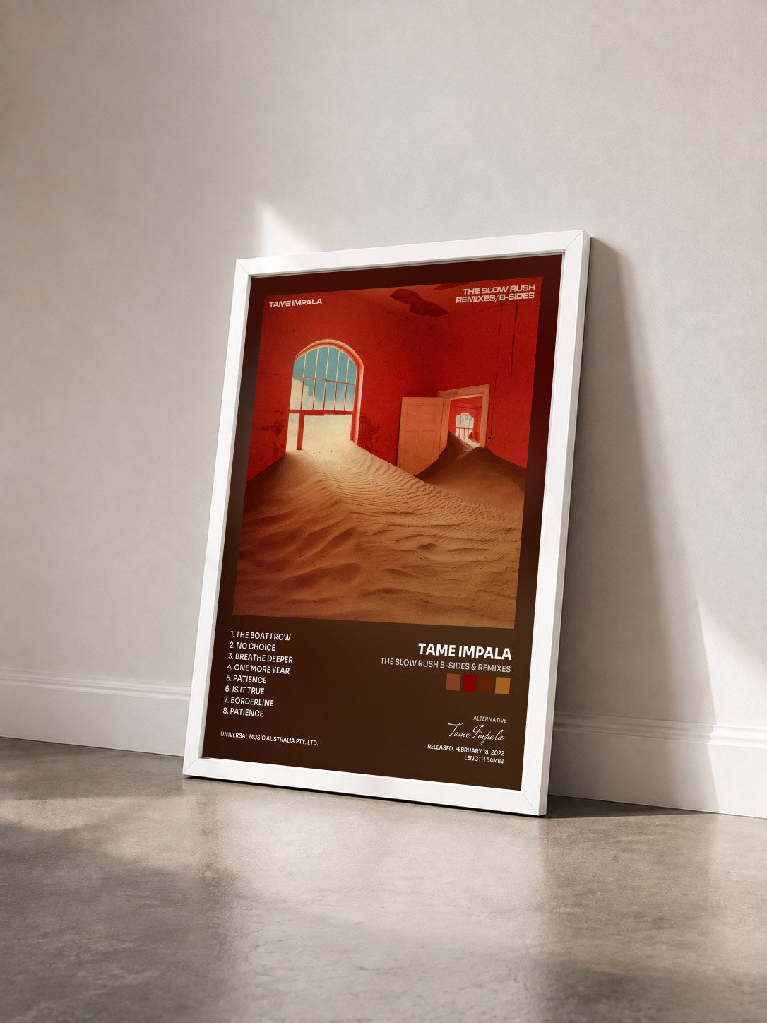 #blanc Tableau de l'album The Slow Rush B-Sides & Remixes de Tame Impala vu de trois quarts, cadre blanc